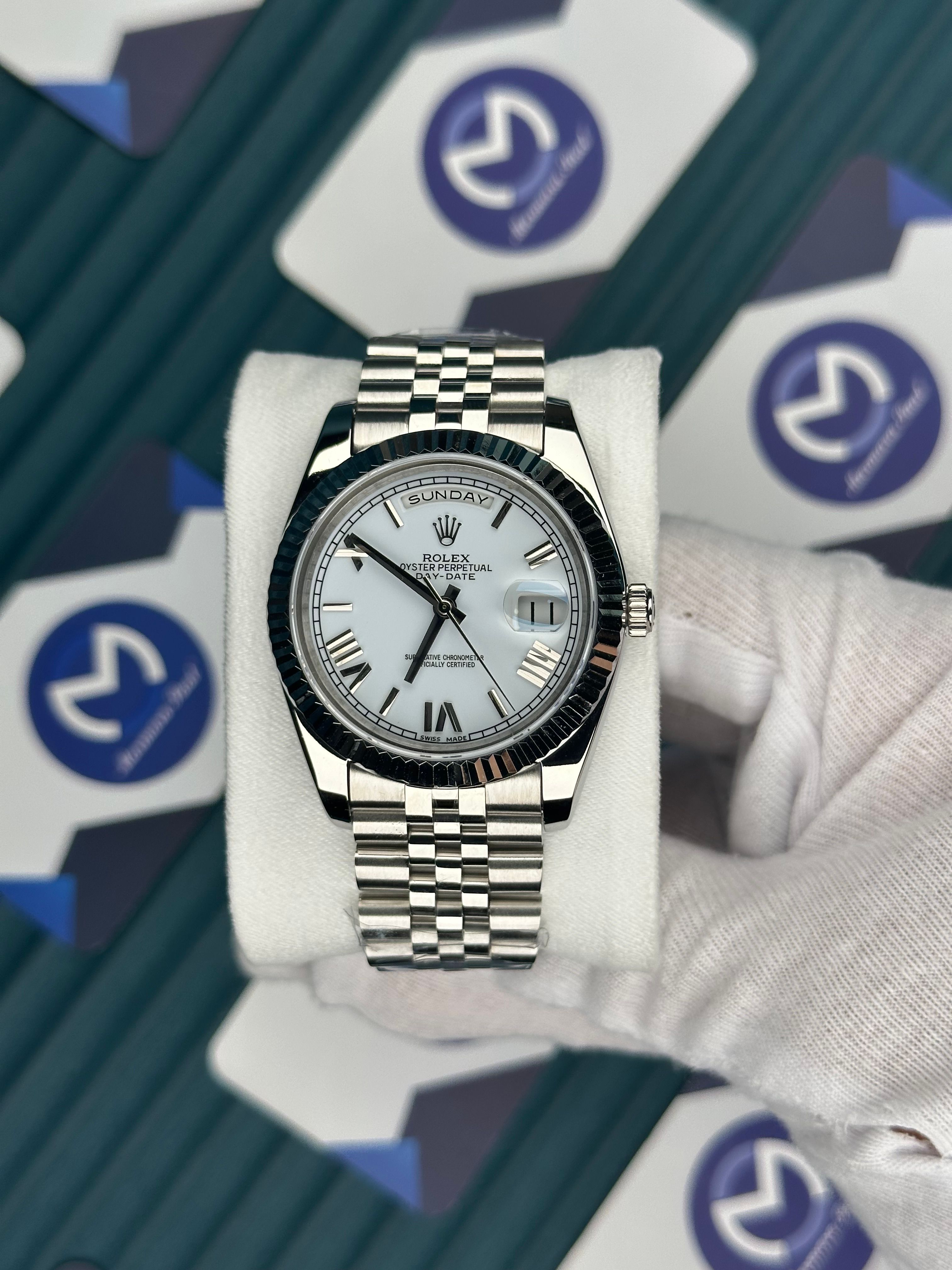 ROLEX DAY-DATE WHITE DIAL ROMA INDEX SILVER JUBILE