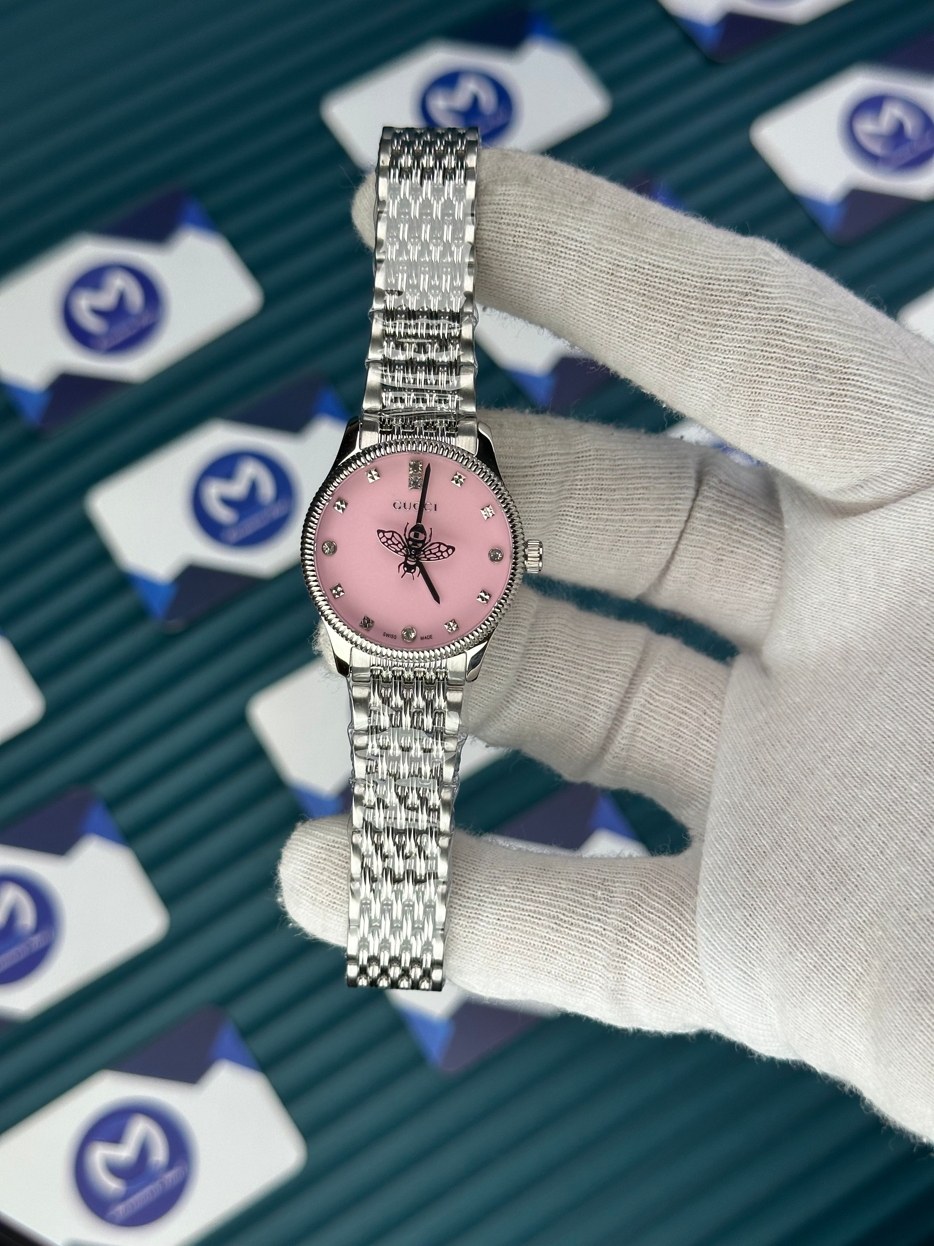 GUCCI PINK DIAL SPINNING BUTTERFLY SILVER
