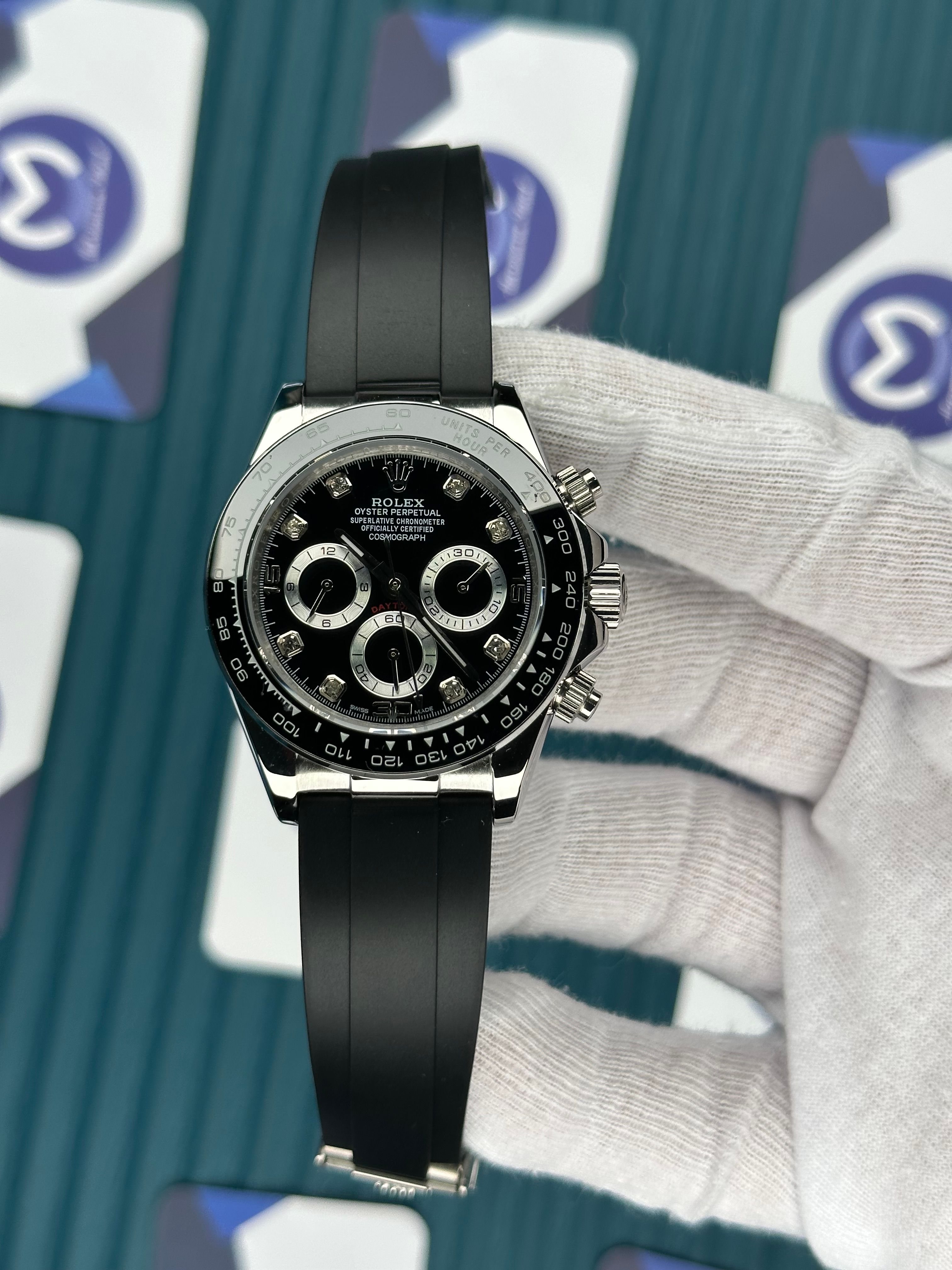 ROLEX DAYTONA BLACK DIAL DIAMOND INDEX SILVER CASE OYSTERFLEX