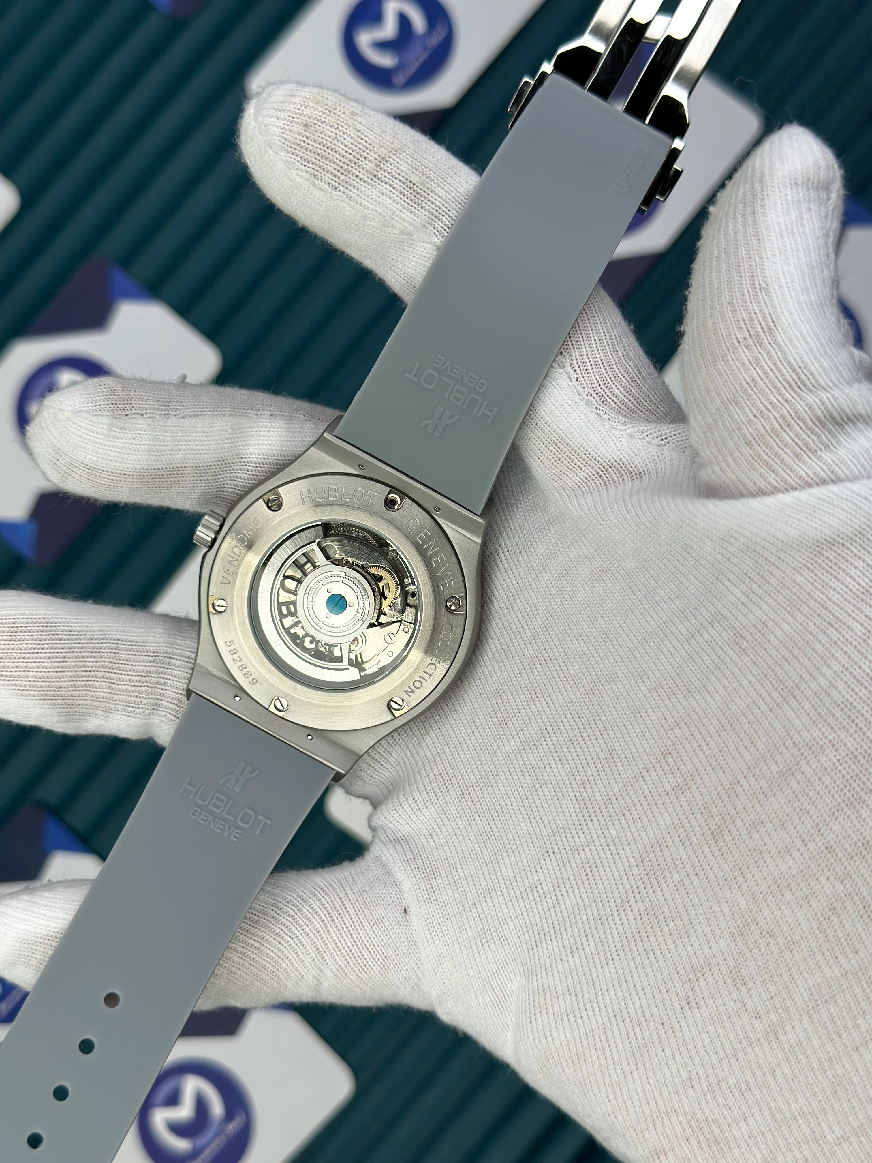 HUBLOT GENEVE AUTOMATIC VENDOME GREY DIAL GREY CASE GREY RUBBER CORD 