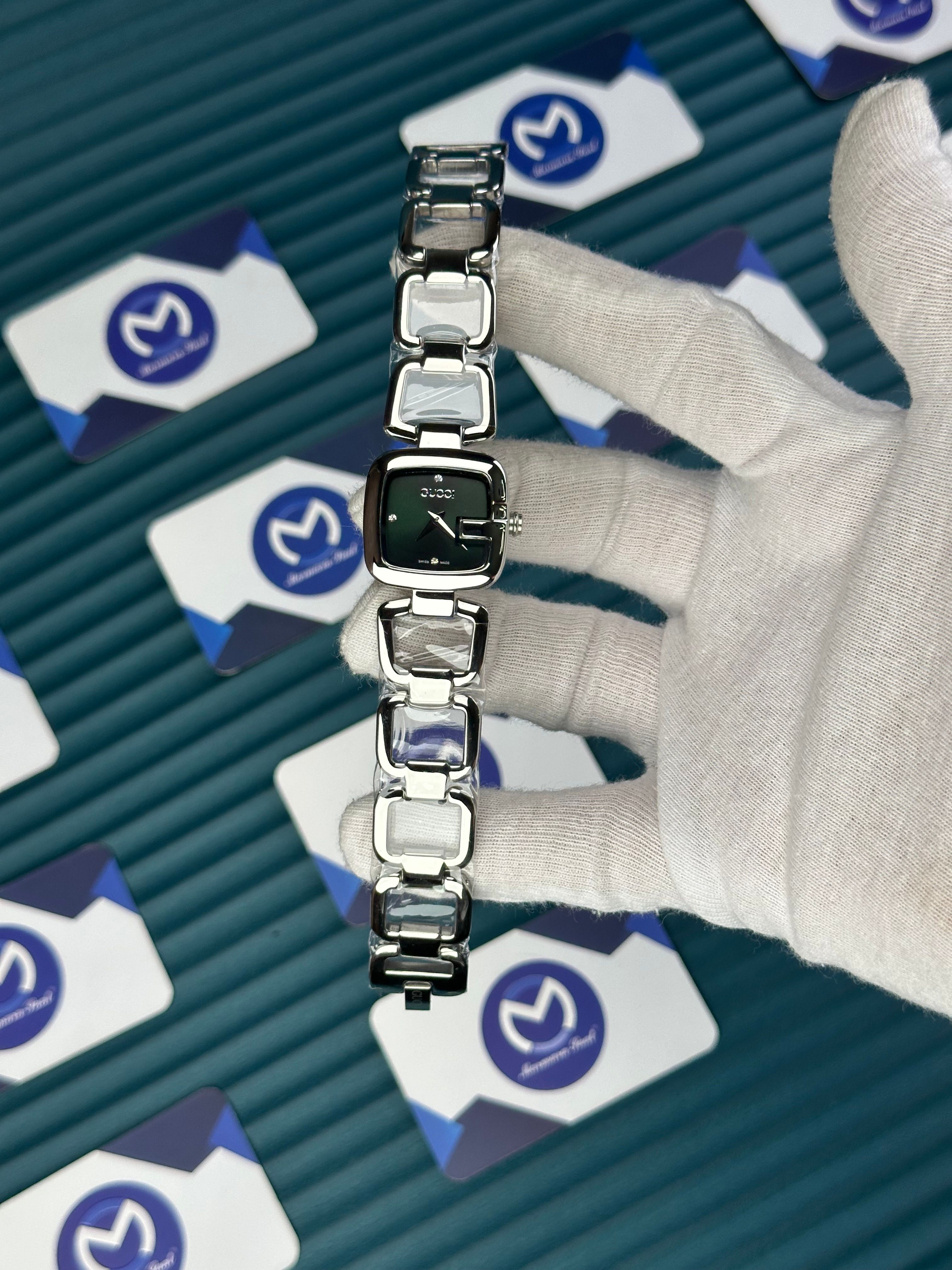 GUCCI WOMAN RING BRACELET GREEN DIAL DIAMOND INDEX SILVER CORD 