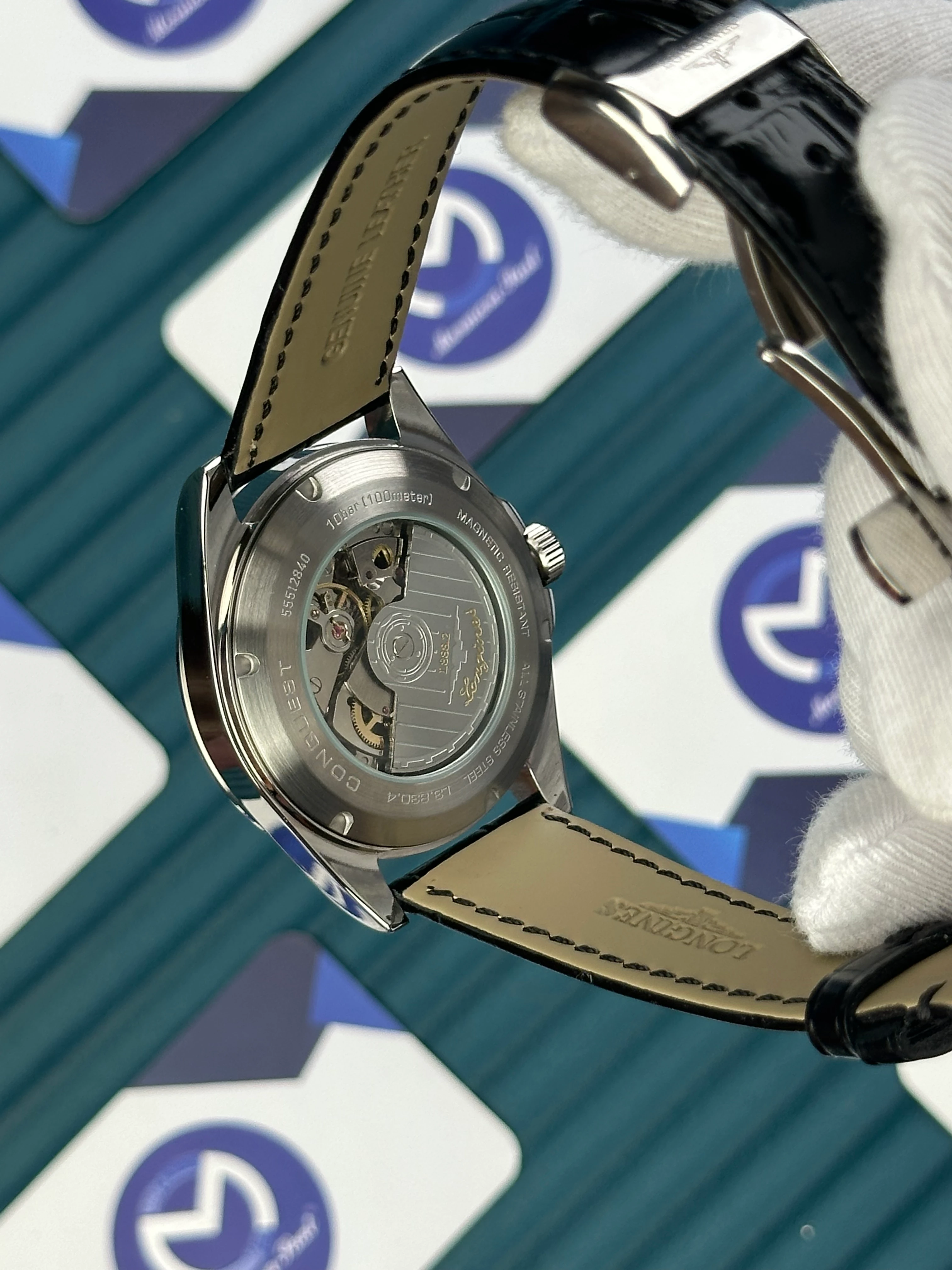 LONGINES CONQUEST AUTOMATIC GREEN DIAL SILVER CASE BLACK LEATHER 