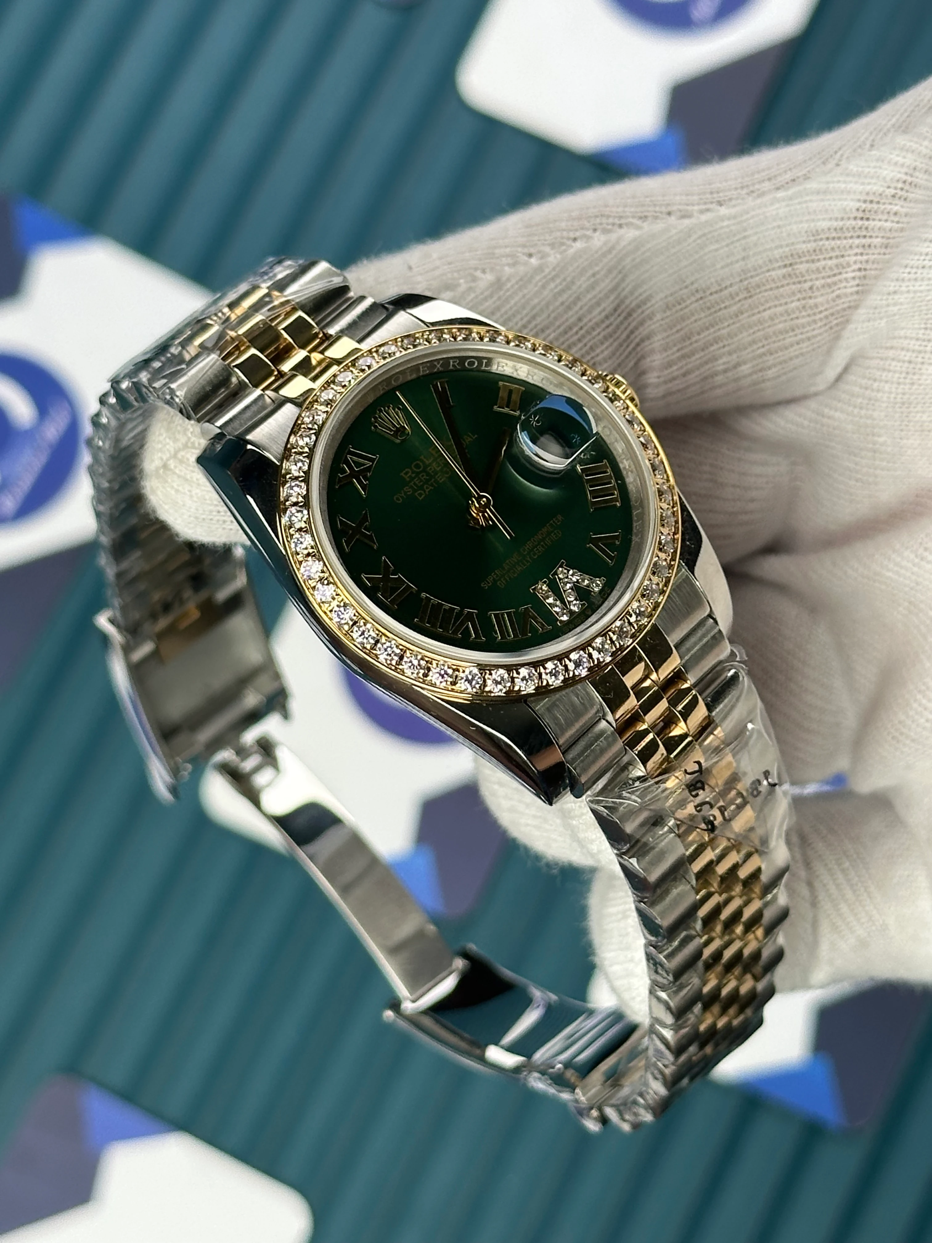 ROLEX 36 MM DATEJUST GREEN DIAL ROMA DIAMOND INDEX DIAMOND BEZEL GOLD-SILVER JUBILE 