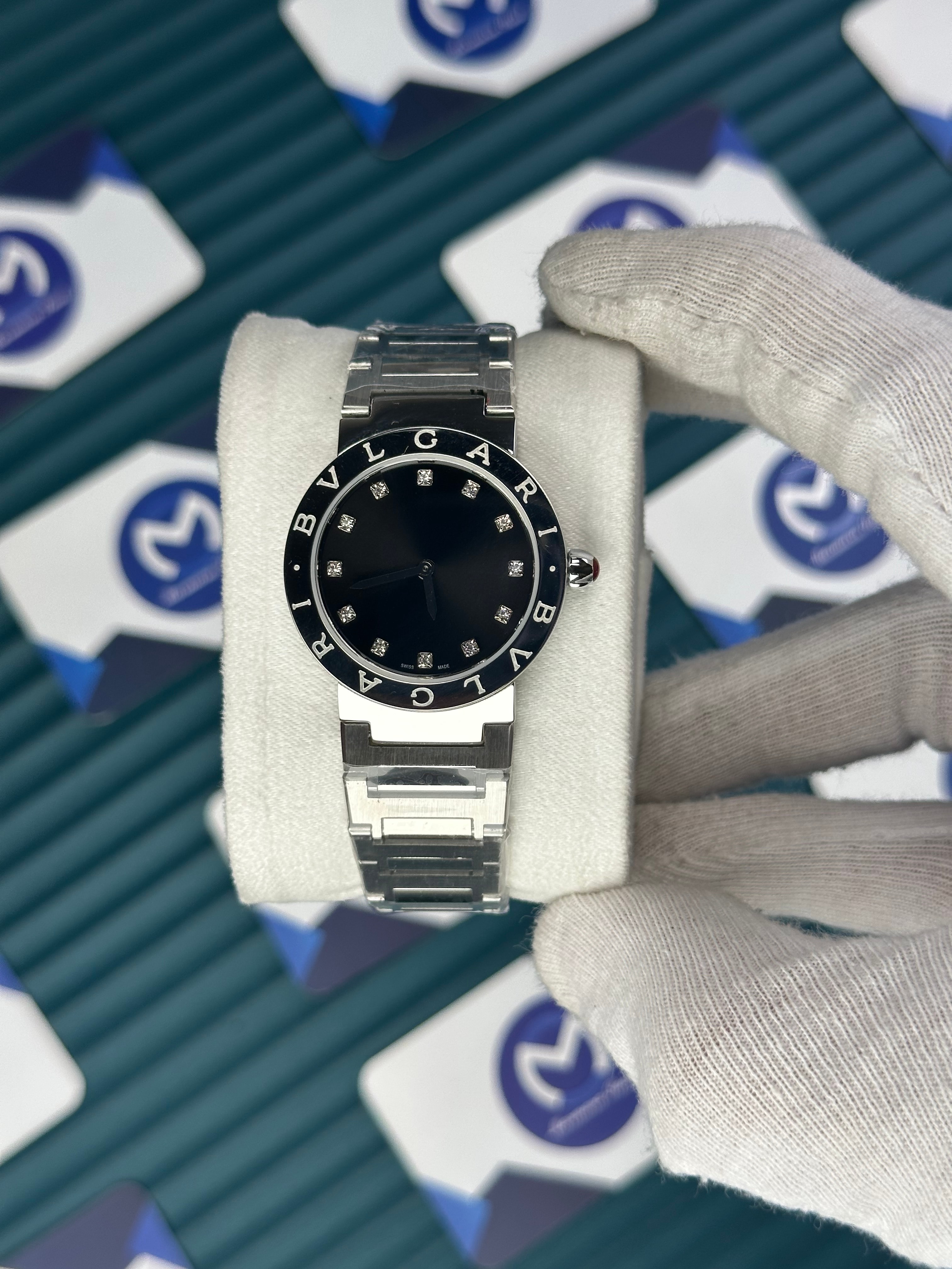 BVLGARI BLACK DIAL SILVER BEZEL DIAMOND INDEX SILVER CORD