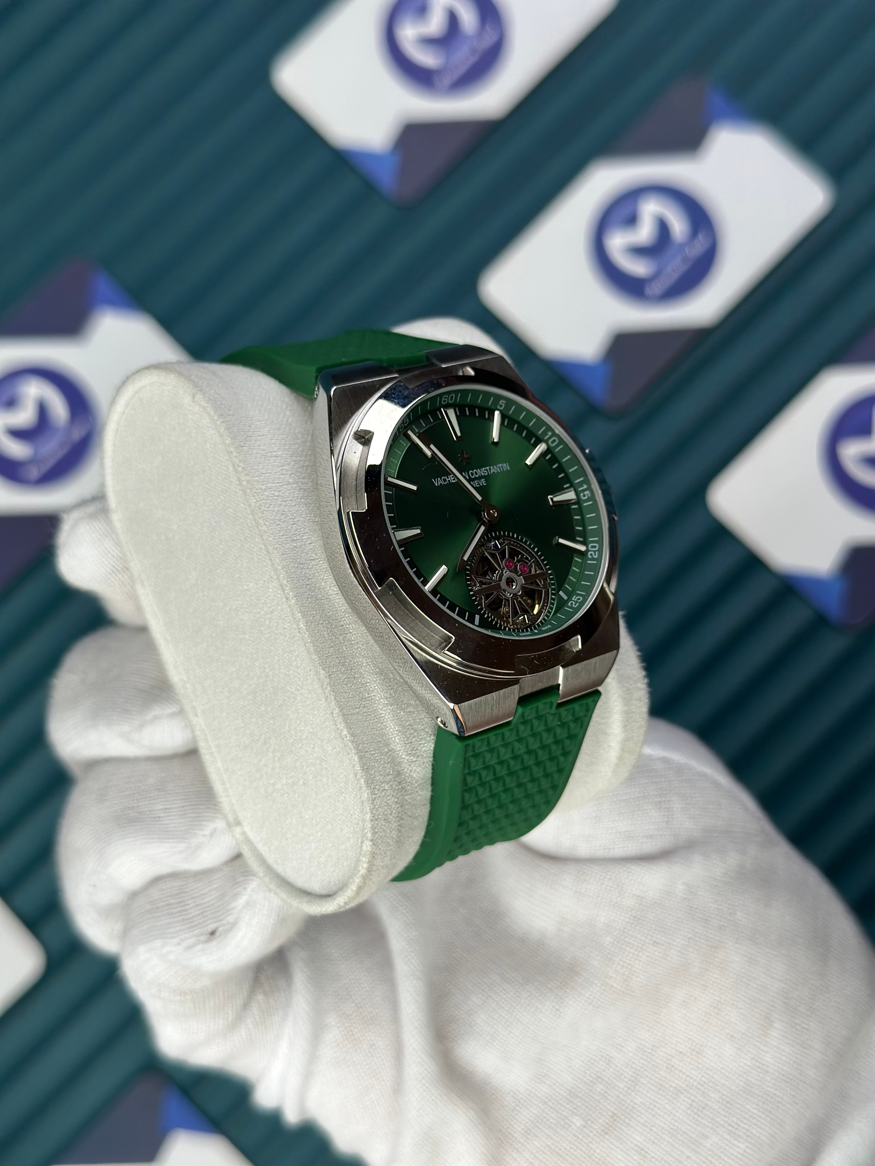 VACHERON CONSTANTIN GREEN DIAL SILVER CASE TOURBILLON OVERSEAS GREEN RUBBER