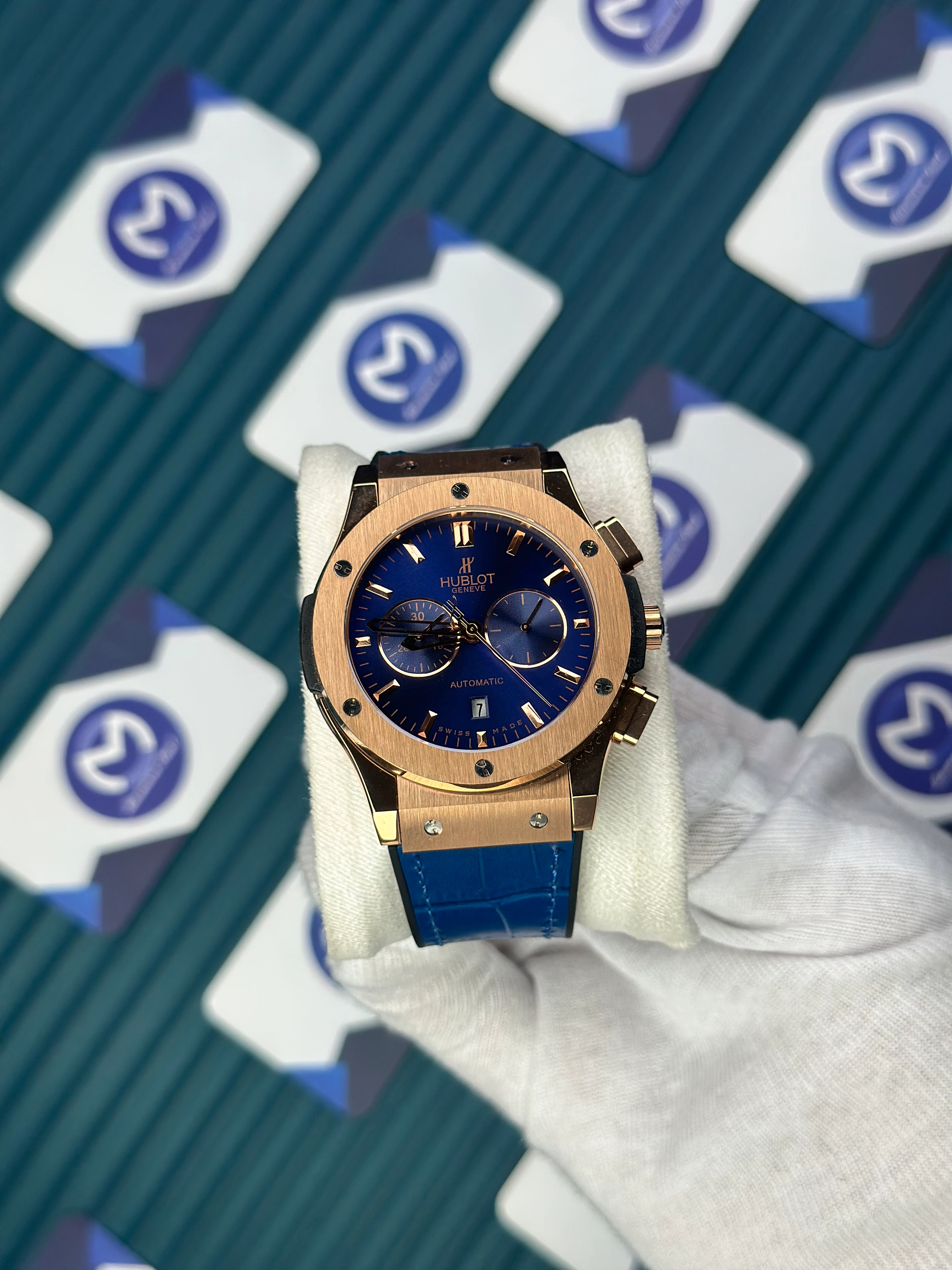 HUBLOT AUTOMATIC FUSHION VENDOME BLUE DIAL ROSE CASE BLUE LEATHER CORD