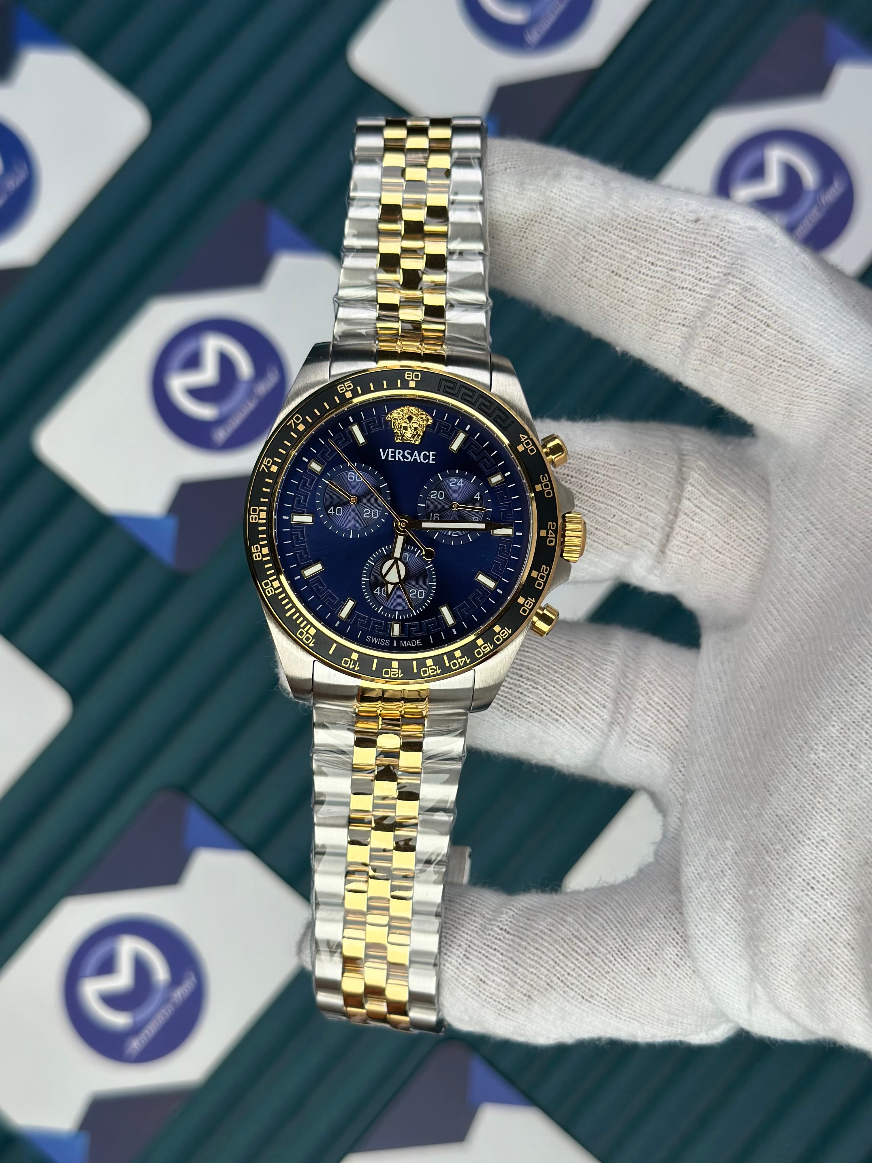 VERSACE NEW NAVY BLUE DIAL CHRONOGRAPH GOLD-SILVER JUBILE
