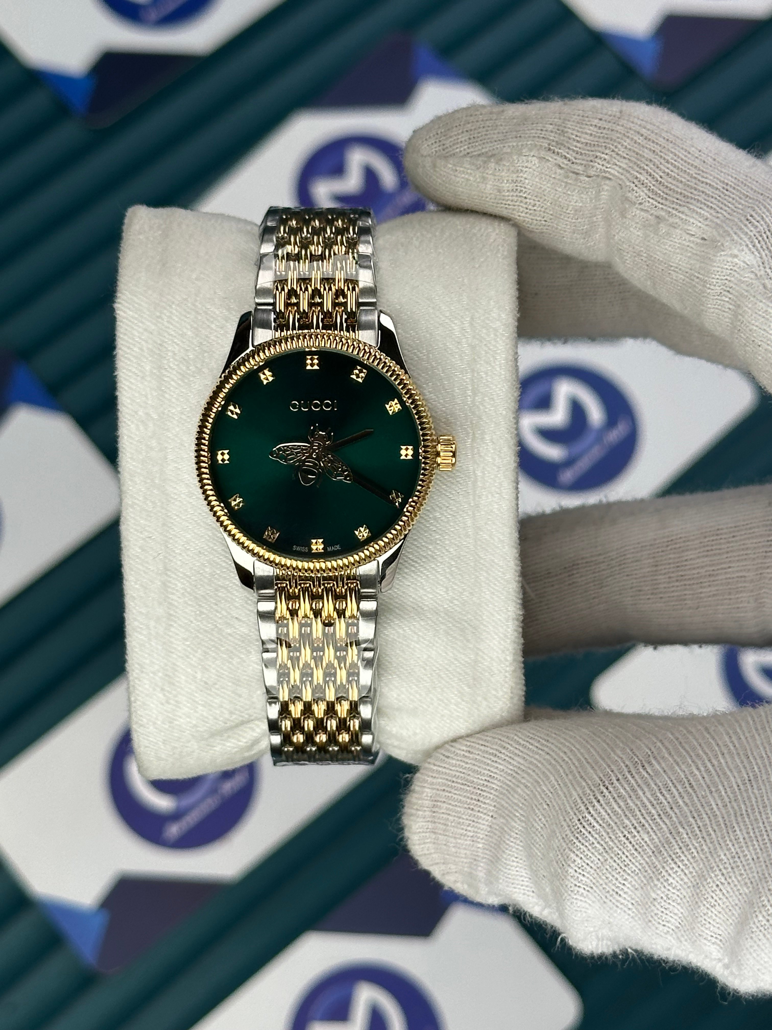 GUCCI GREEN DIAL SPINNING BUTTERFLY GOLD-SILVER