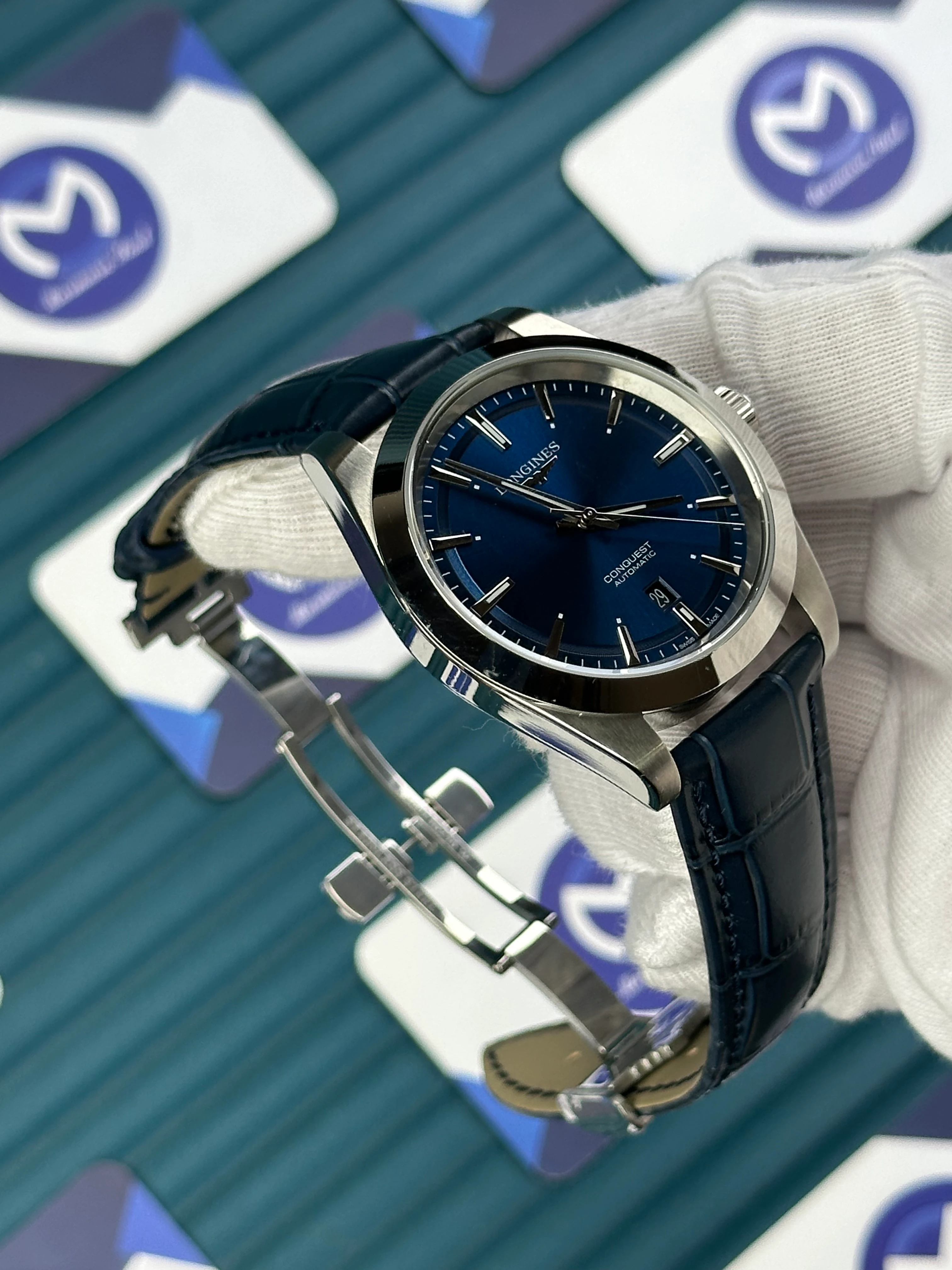 LONGINES CONQUEST AUTOMATIC BLUE DIAL SILVER CASE BLUE LEATHER 