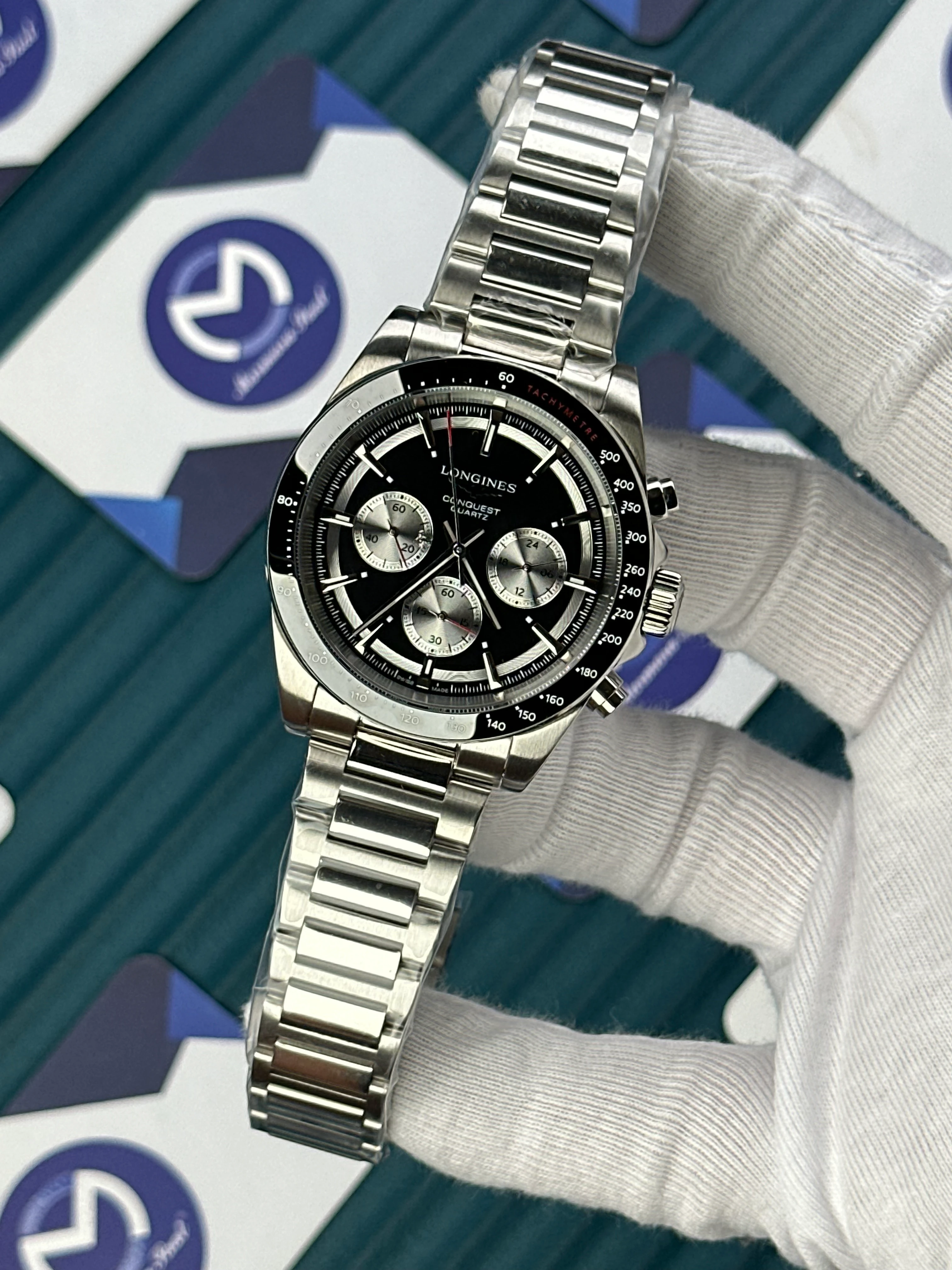 LONGINES CONQUEST CHRONOGRAPH AUTOMATIC BLACK DIAL SILVER 