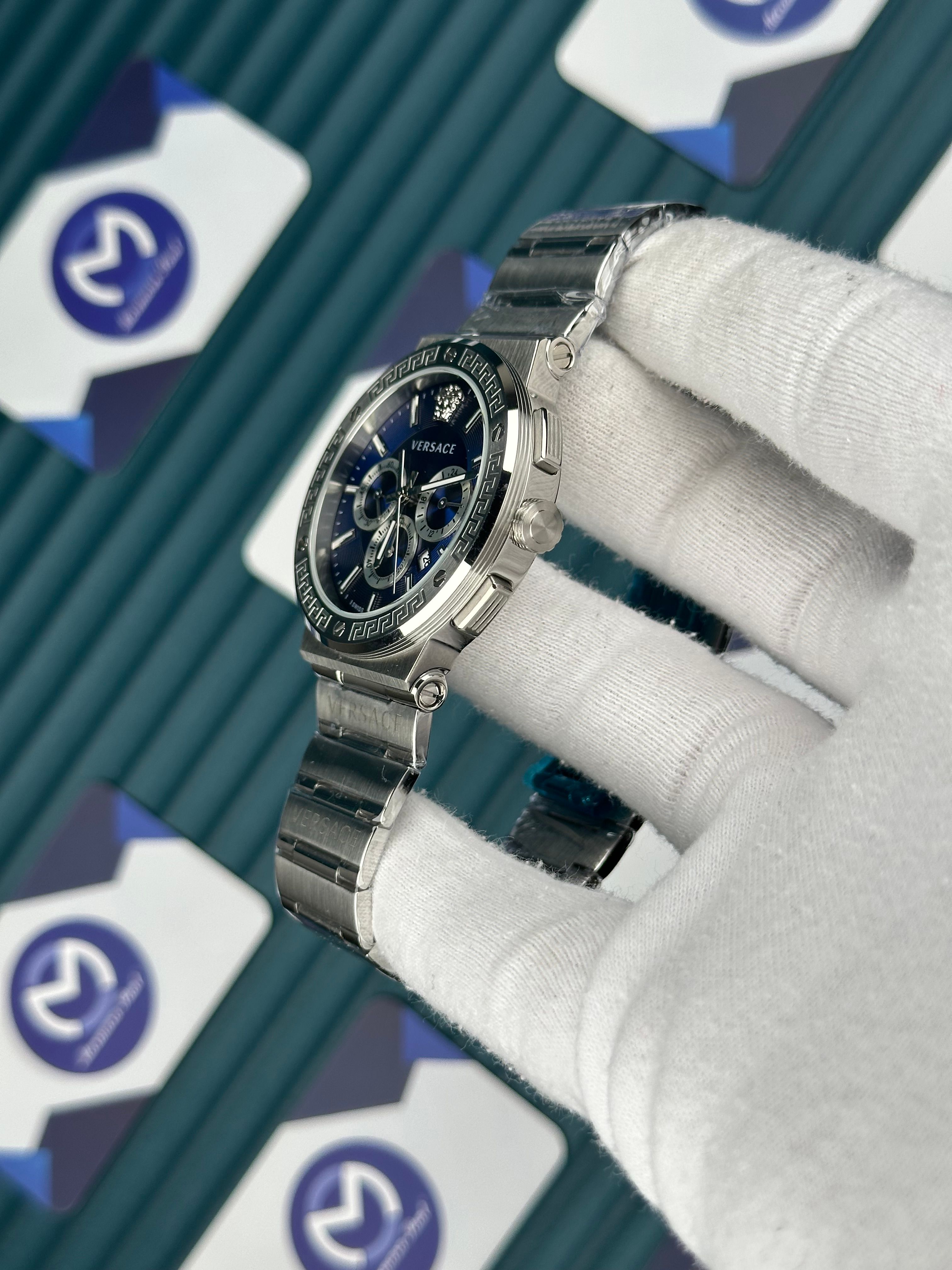Versace Gümüş Kordon Üç Fonksiyon Mavi Kadran