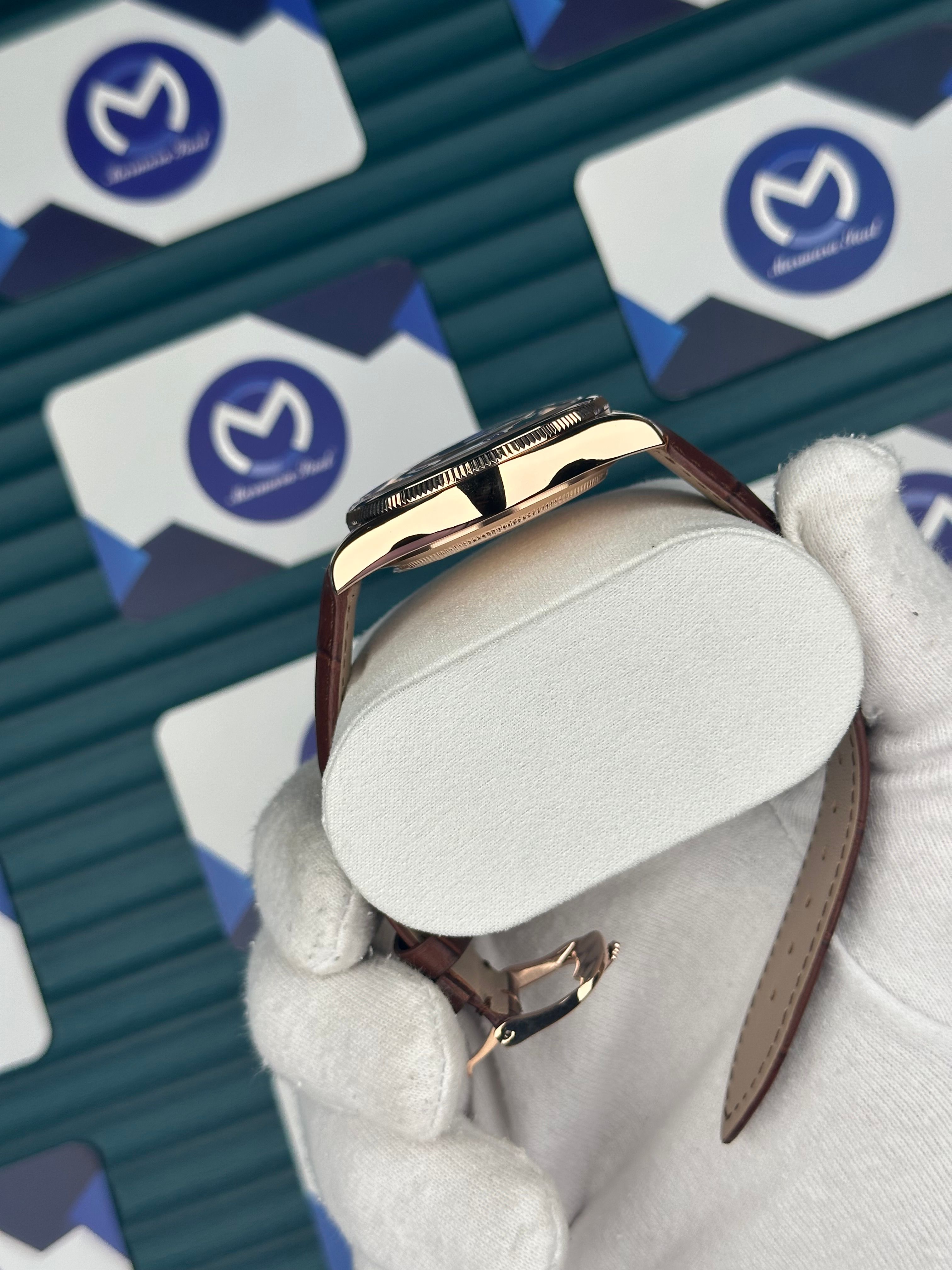 Rolex Cellini Rose Kasa Fonksiyonlu Beyaz Kadran Kahverengi Deri Kordon