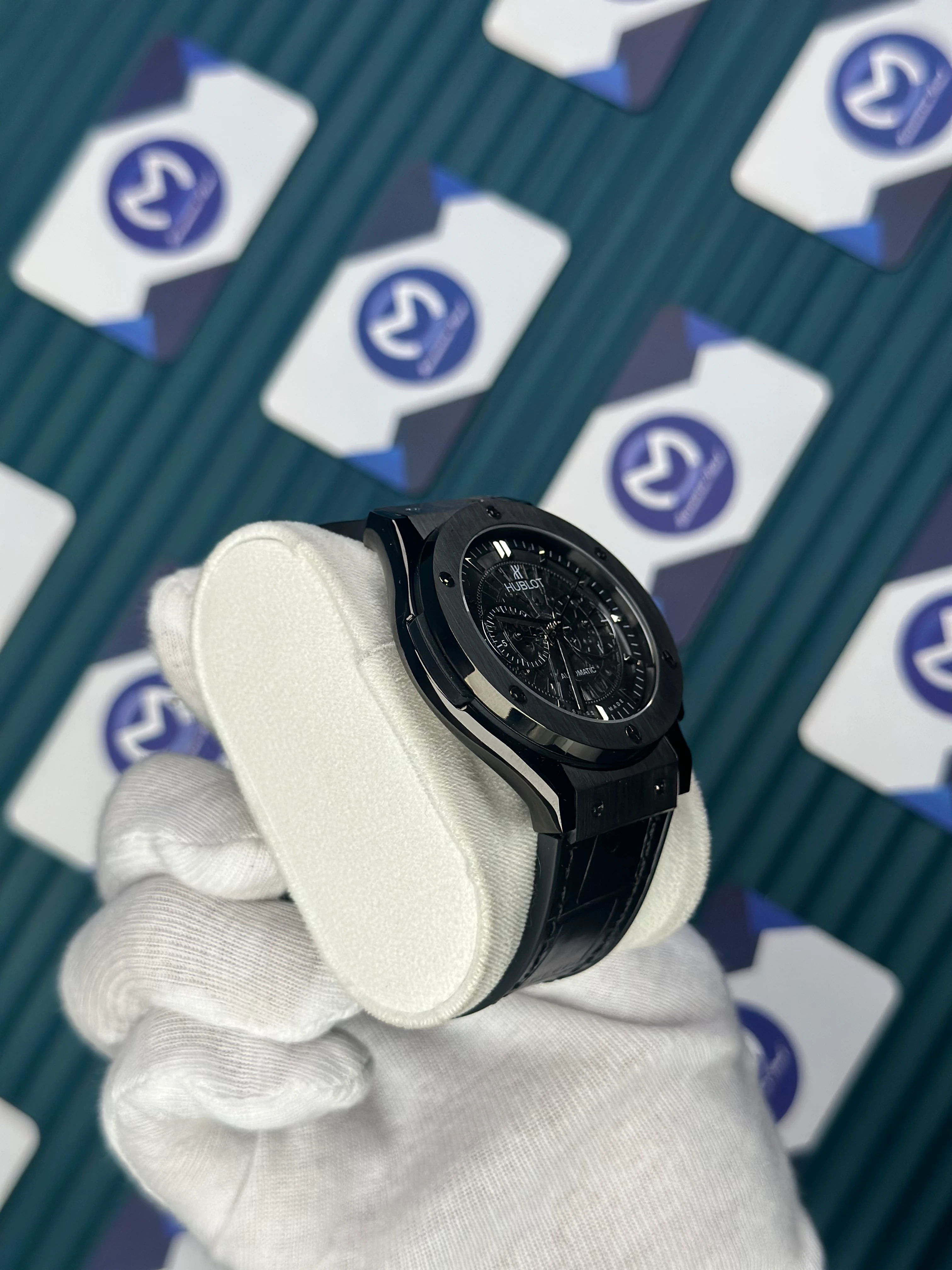 HUBLOT AUTOMATIC BLACK EDITION SILVER CASE SKELETON LEATHER BLACK CORD 