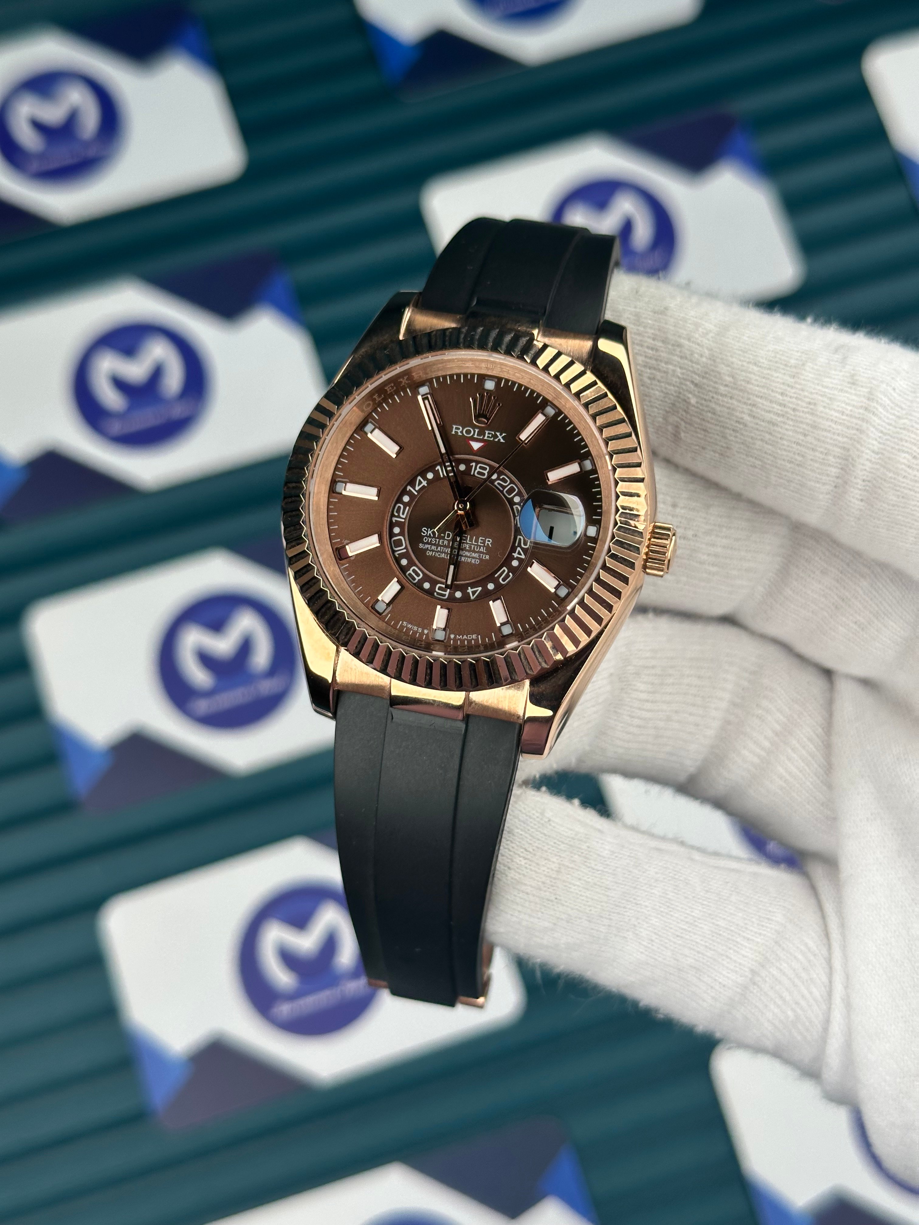 Rolex Sky Dweller Rose Gold Chocolate Oysterflex 