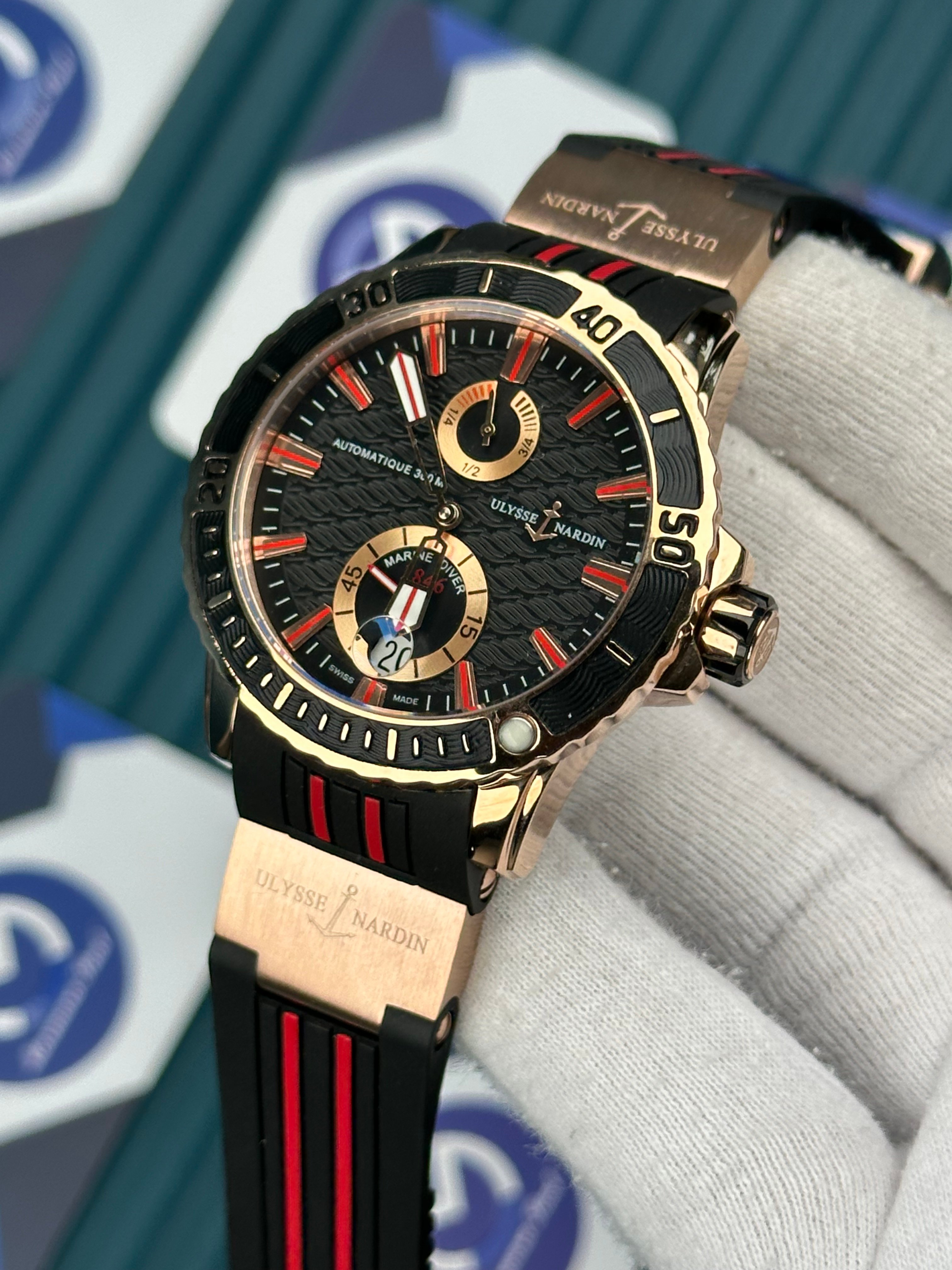 Ulysse Nardin Marine Black Red Line Cord Chronometer Automatic Rose Case