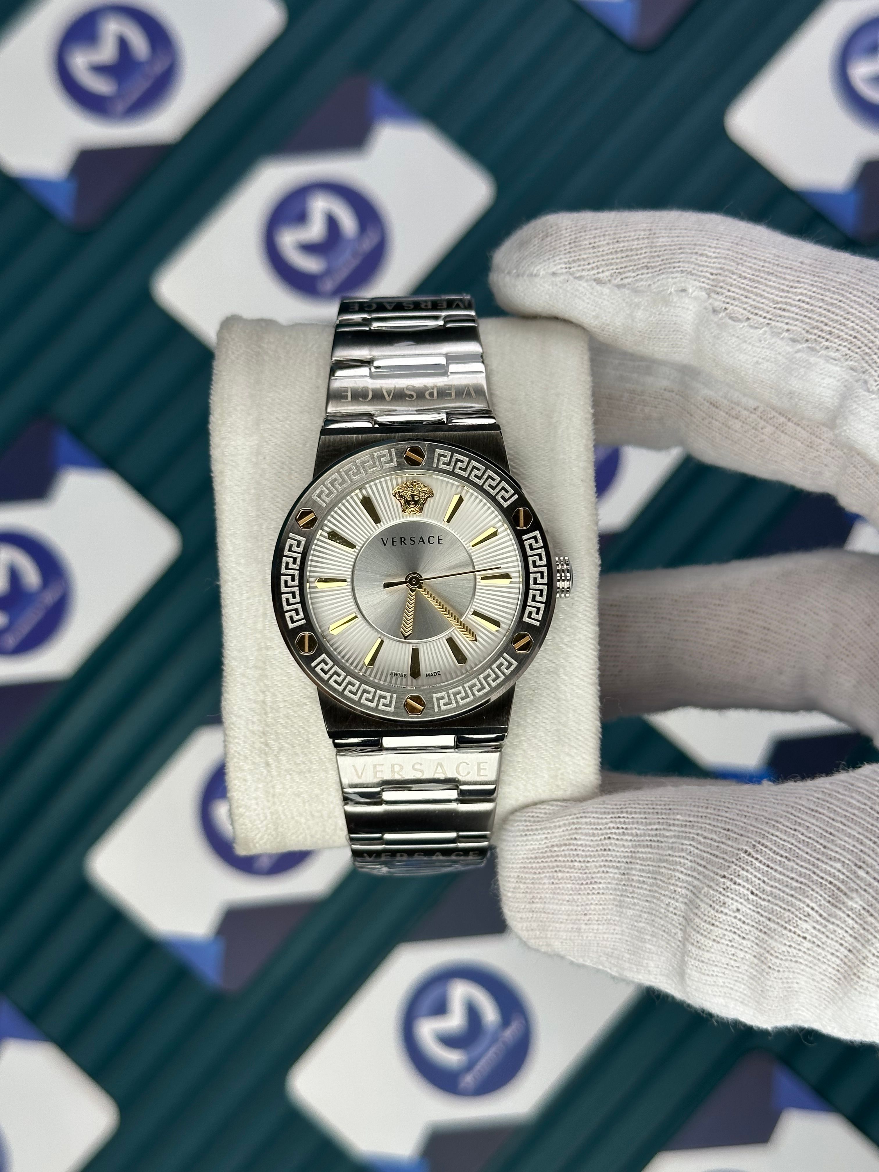 VERSACE 36 WHITE DIAL GOLD INDEX SILVER CORD 