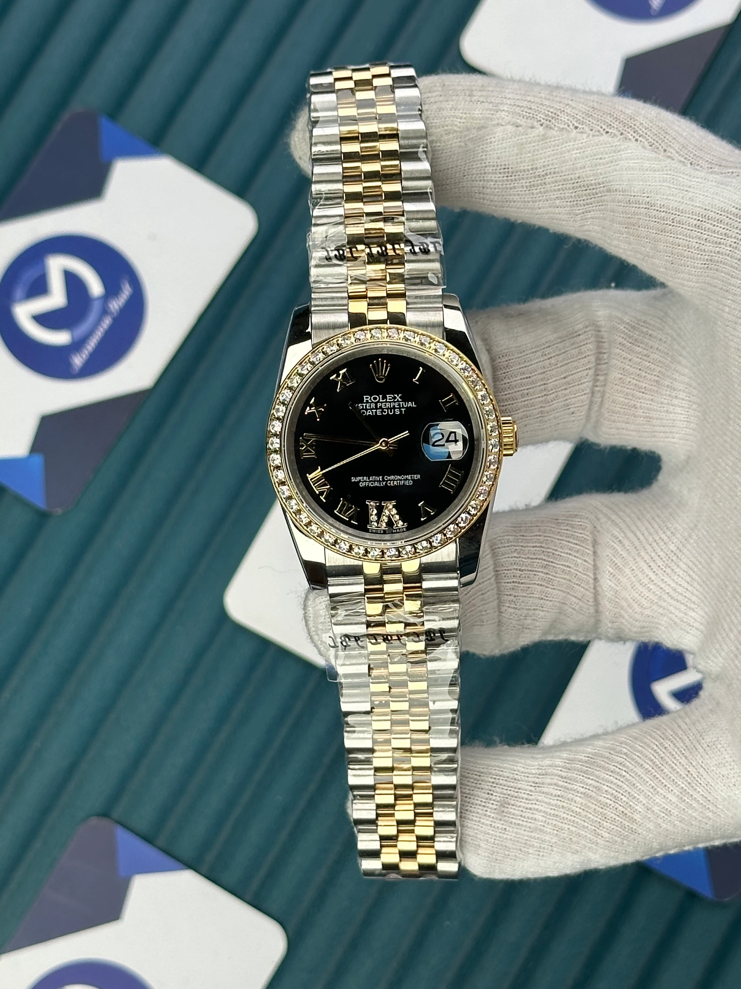ROLEX 36 MM DATEJUST BLACK DIAL ROMA DIAMOND INDEX DIAMOND BEZEL GOLD-SILVER JUBILE