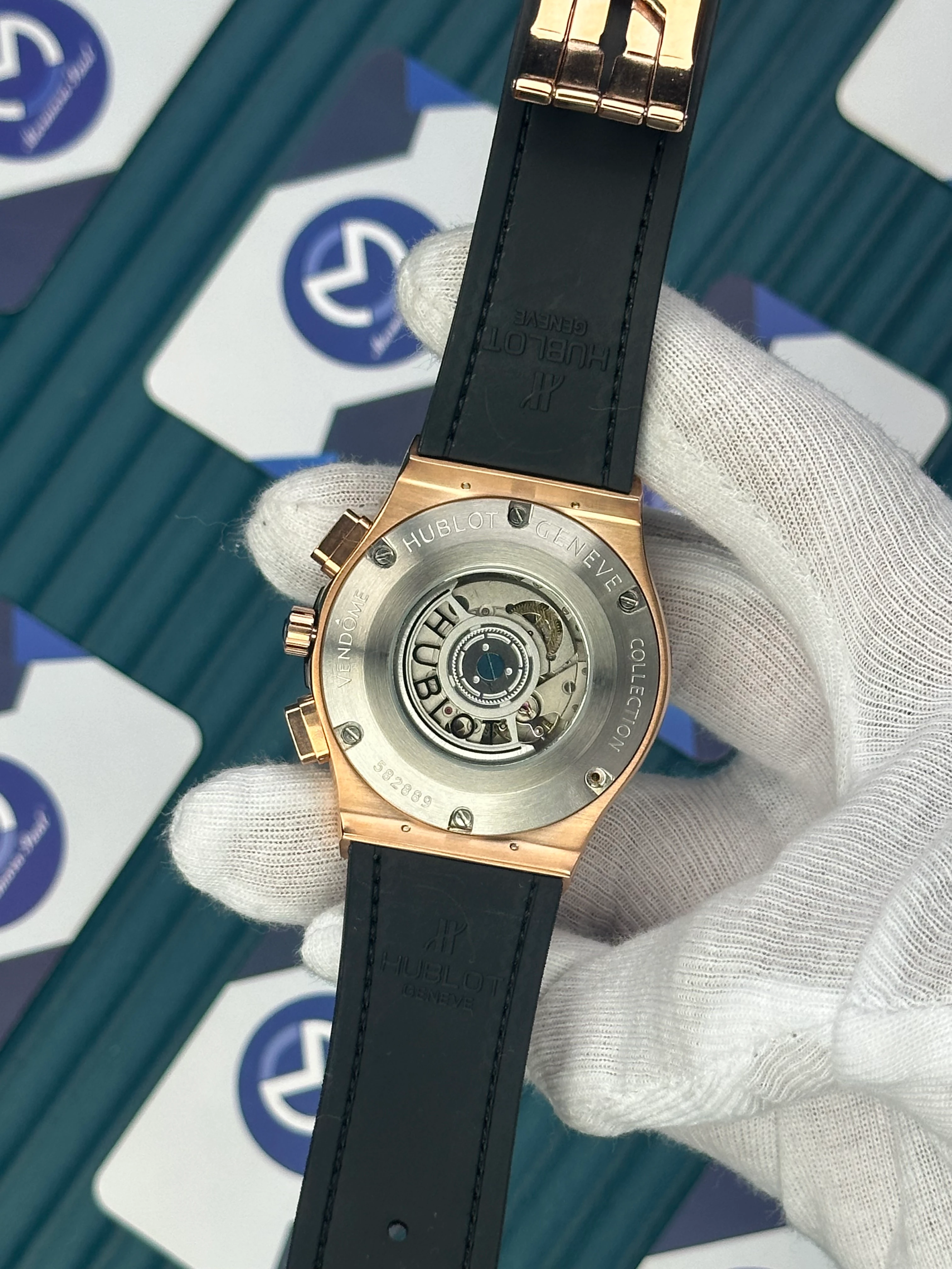 HUBLOT AUTOMATIC SKELETON FUSHION VENDOME ROSE CASE LEATHER BROWN CORD 