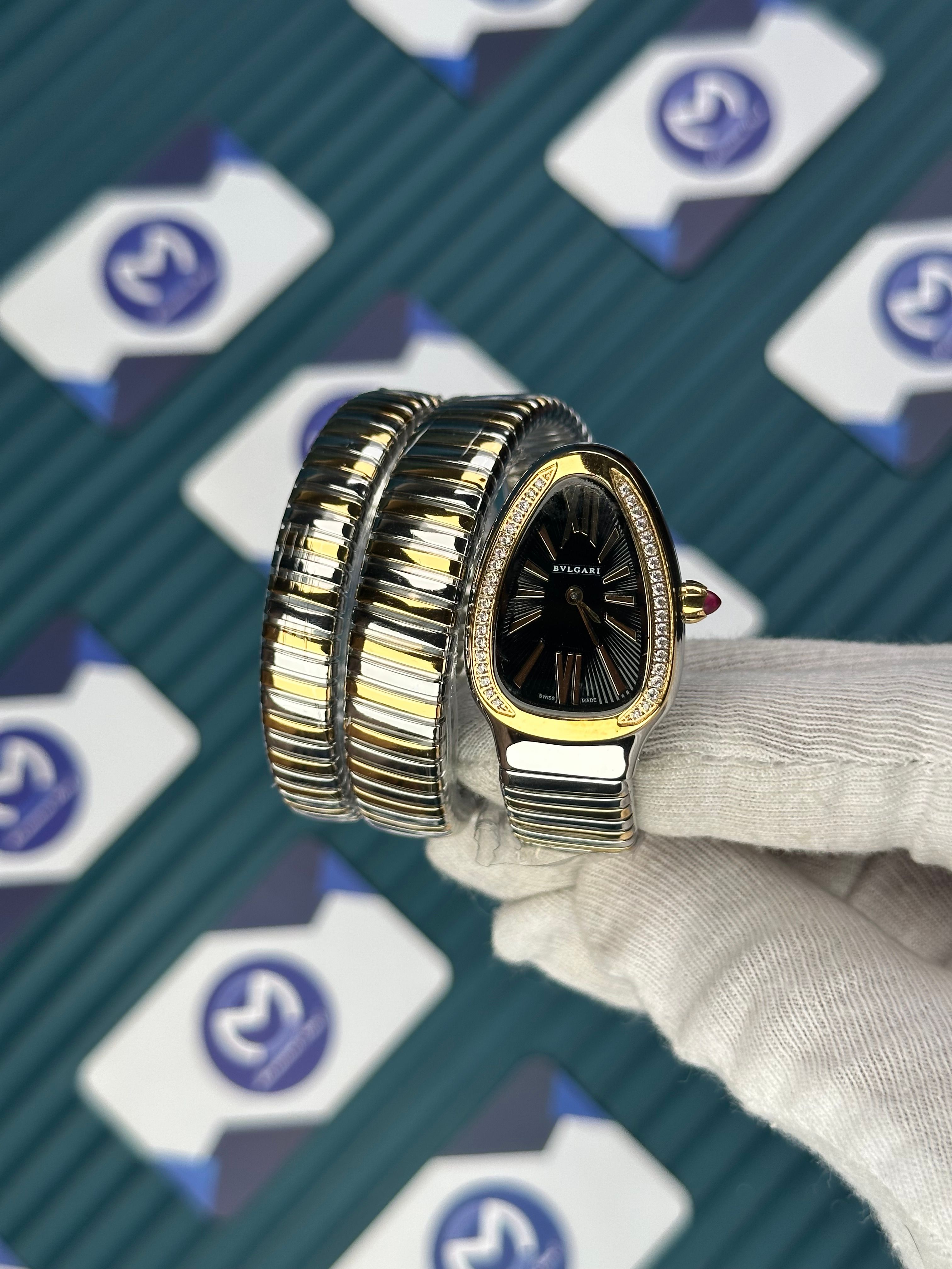 BVLGARI SERPENTI BLACK DIAL DIAMOND BEZEL GOLD-SILVER LONG TUBOGAS