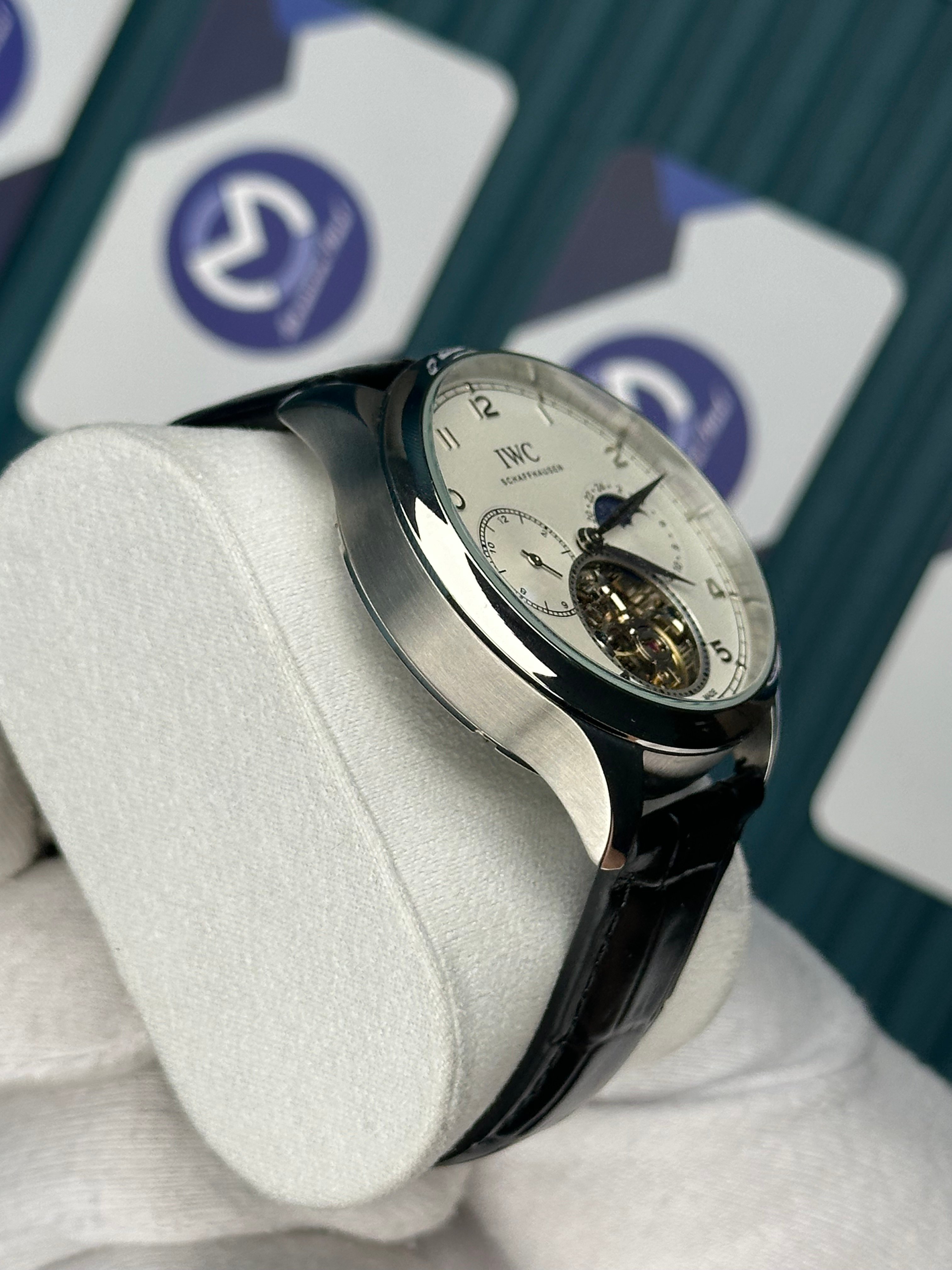 IWC PORTUGUESE TOURBILLON SILVER CASE WHITE DIAL BLACK CORD