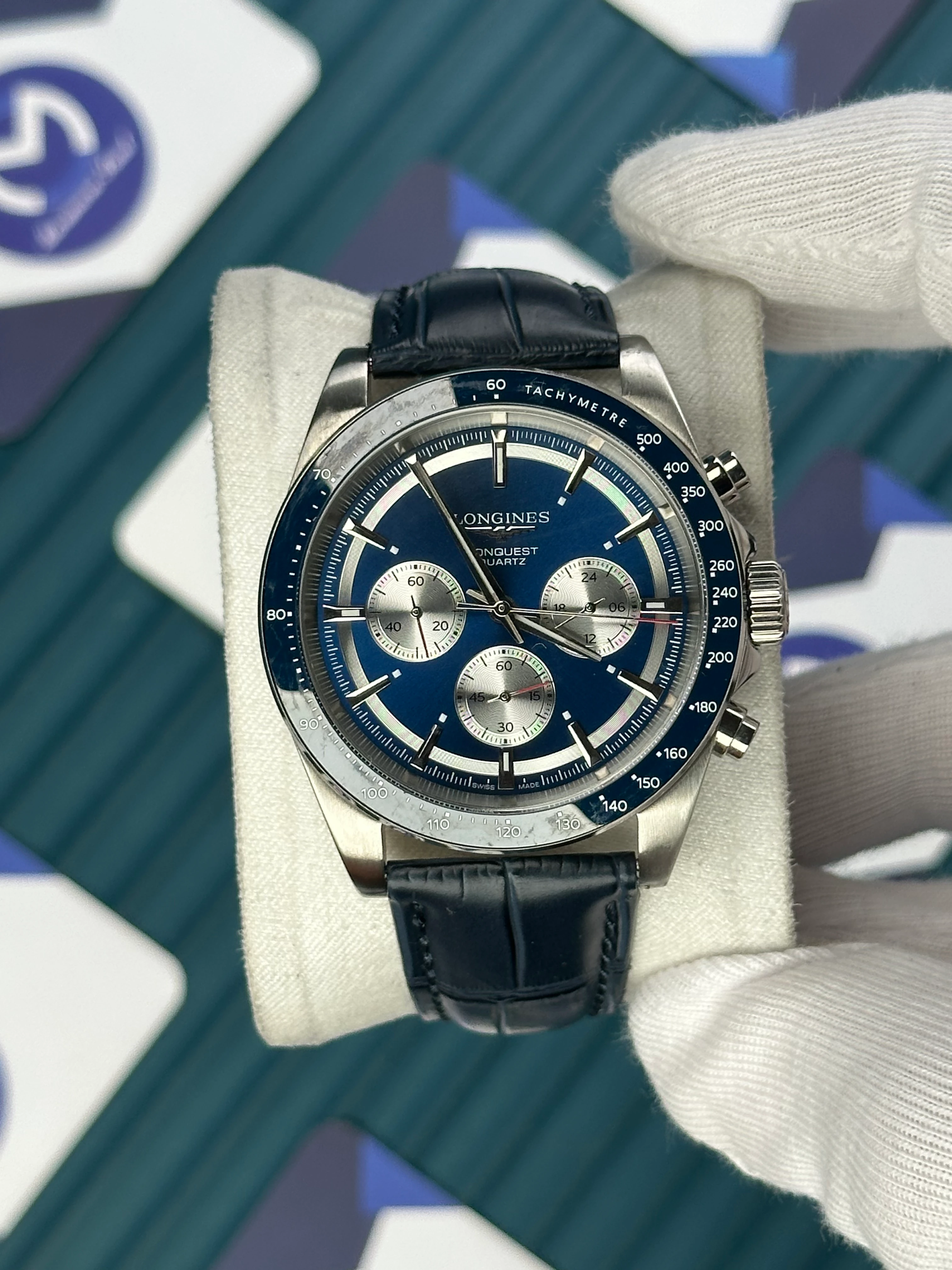 LONGINES CONQUEST CHRONOGRAPH AUTOMATIC BLUE DIAL BLUE LEATHER 