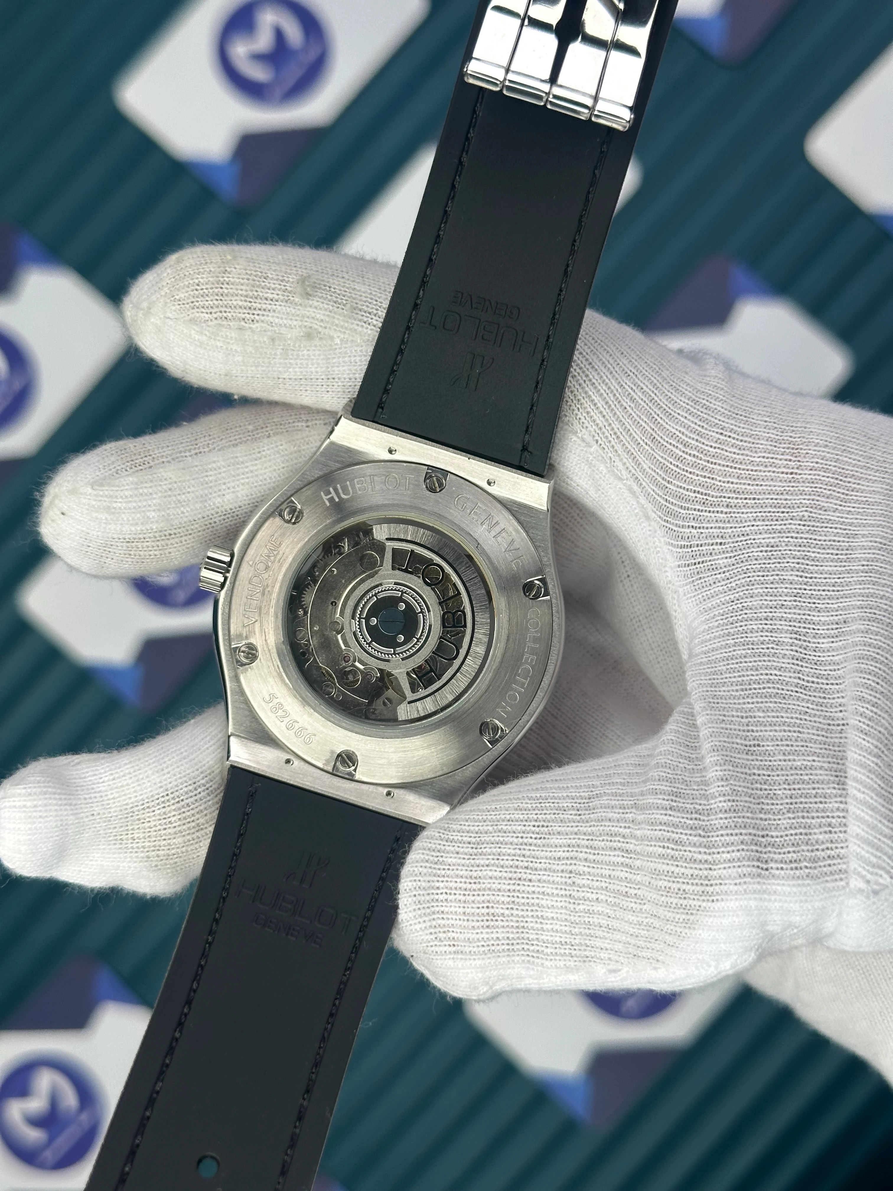 HUBLOT GENEVE AUTOMATIC GREEN DIAL GREY CASE GREEN LEATHER CORD 