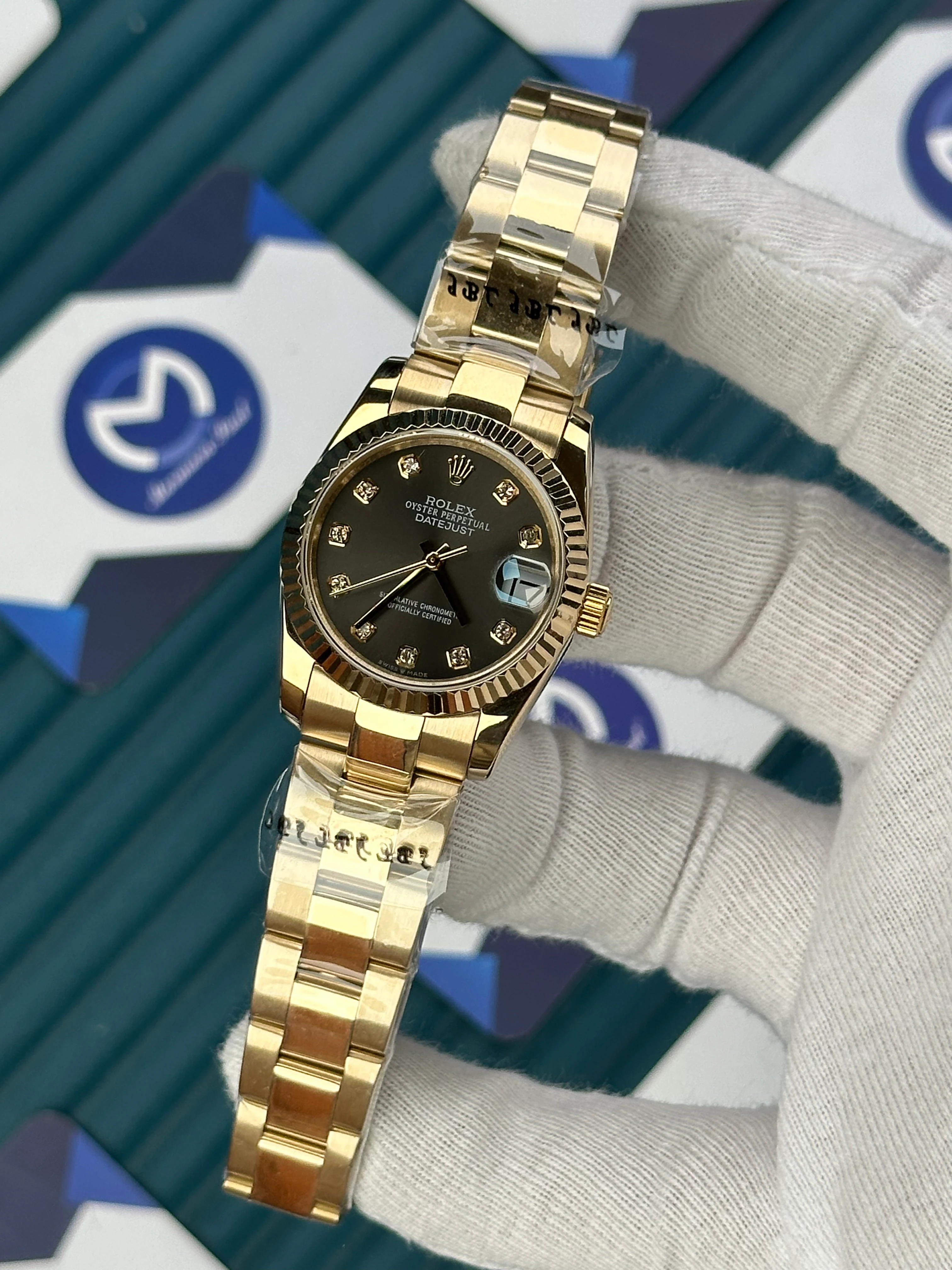 ROLEX 31 MM DATEJUST GREY DIAL DIAMOND INDEX GOLD OYSTER 