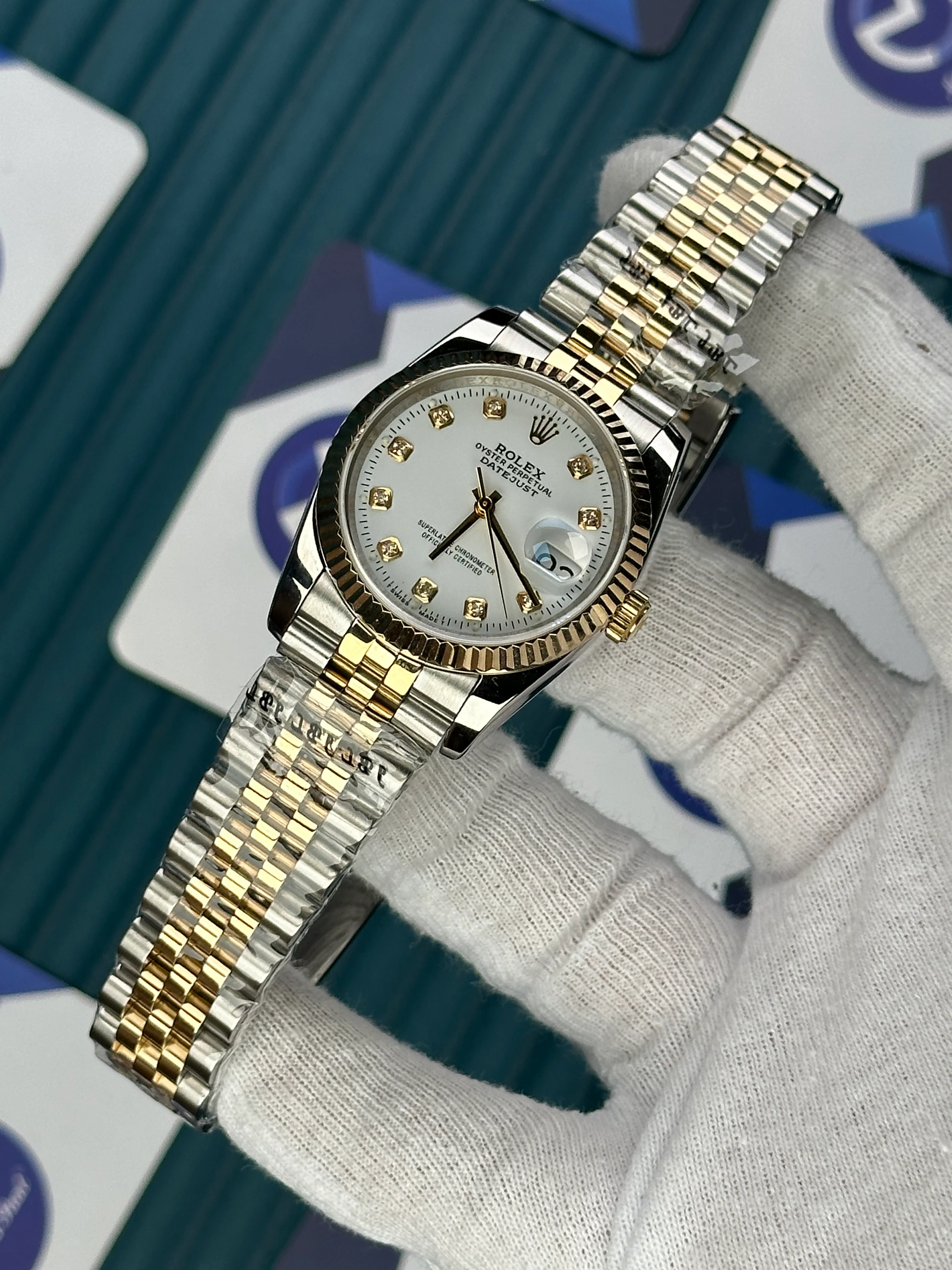 ROLEX 36 MM DATEJUST WHITE DIAL DIAMOND INDEX GOLD-SILVER JUBILE II 