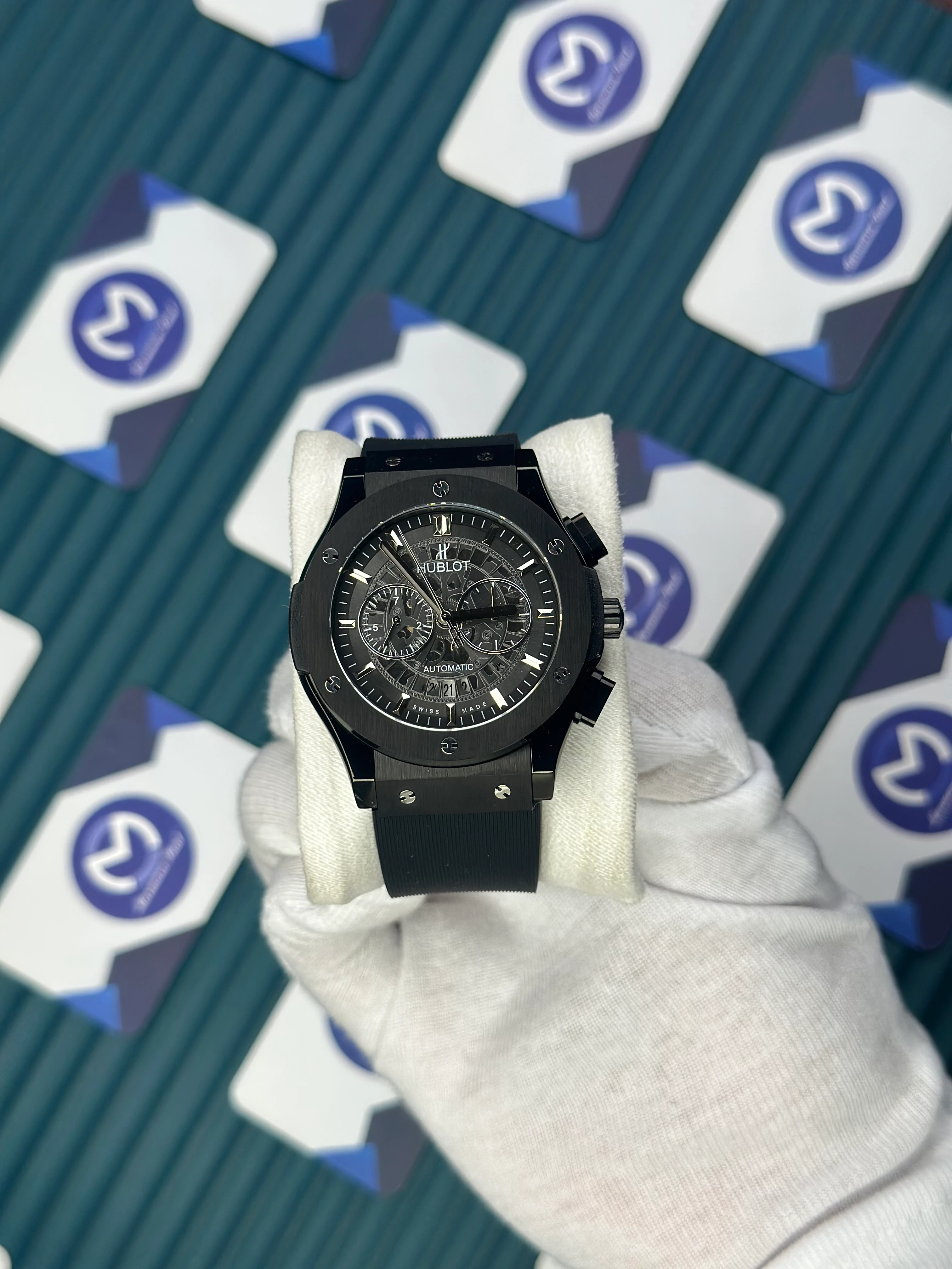 HUBLOT AUTOMATIC BLACK SKELETON RUBBER 