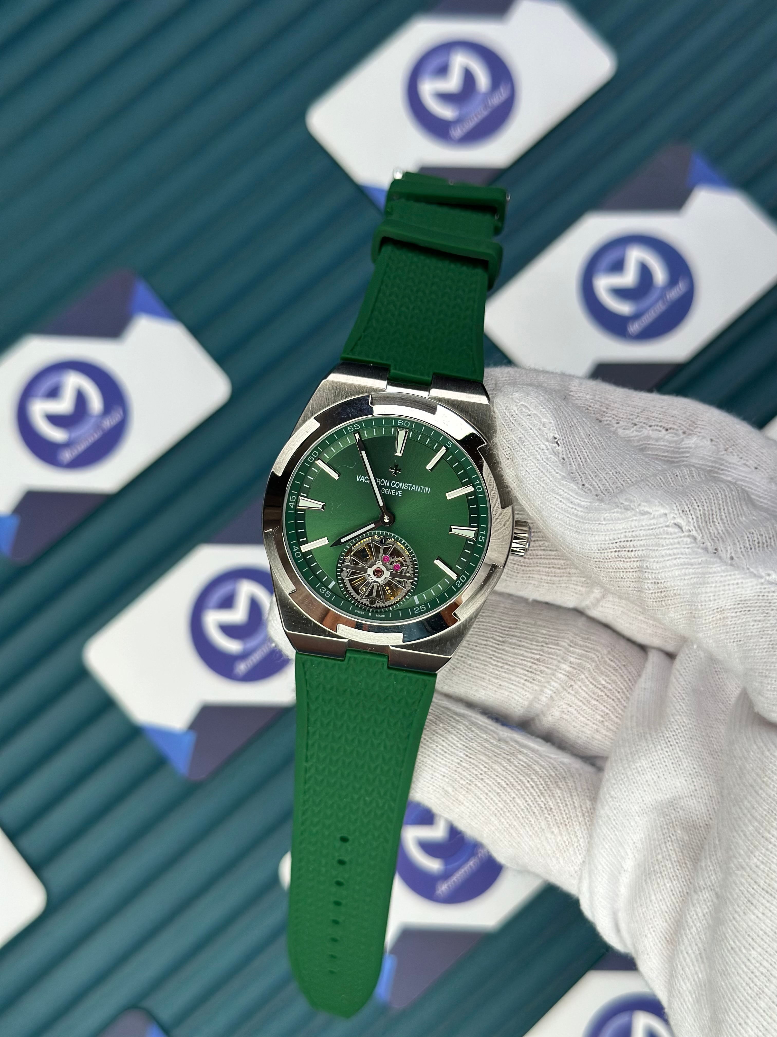 VACHERON CONSTANTIN GREEN DIAL SILVER CASE TOURBILLON OVERSEAS GREEN RUBBER