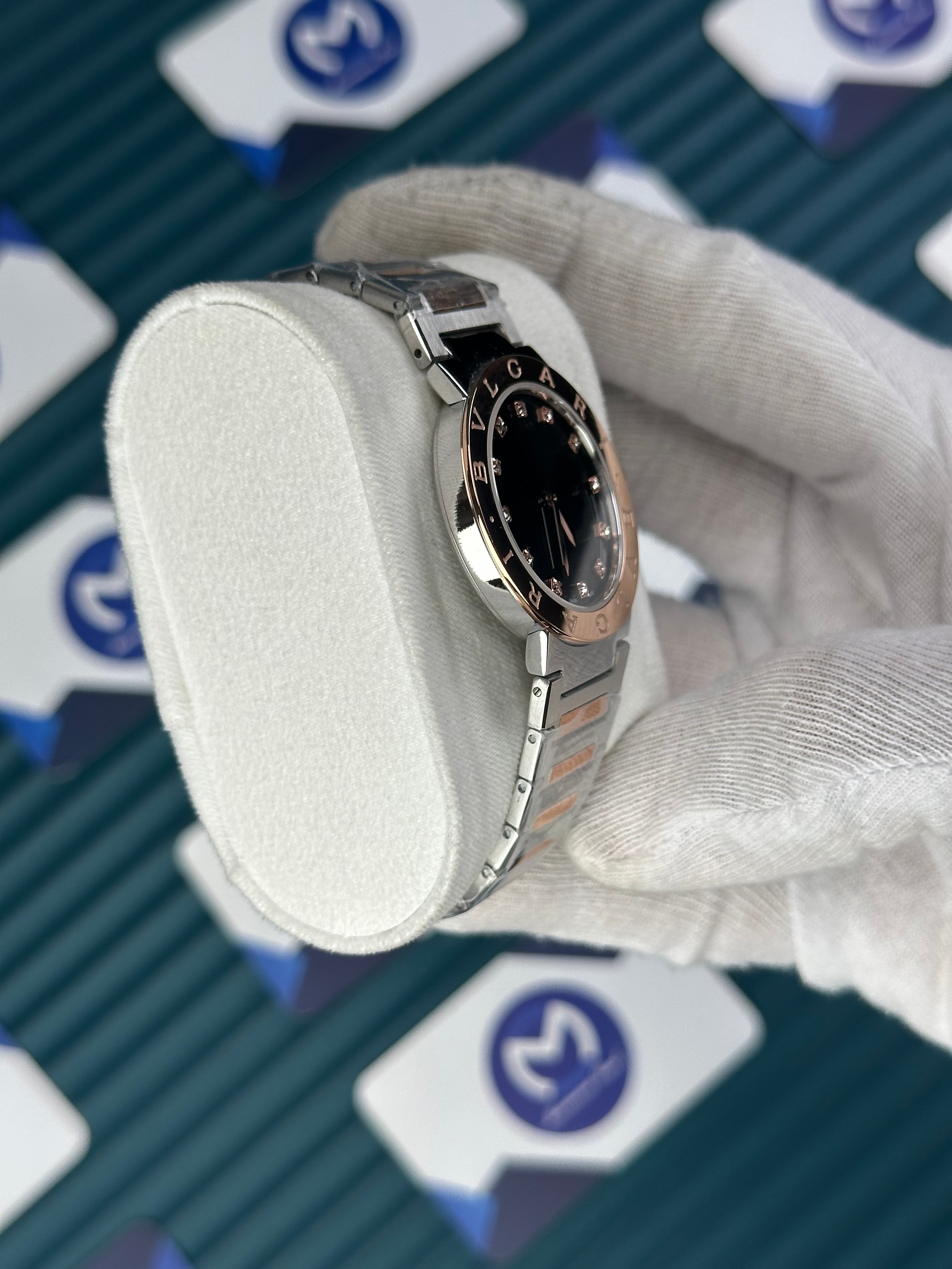 BVLGARI BLACK DIAL GOLD BEZEL DIAMOND INDEX GOLD-SILVER CORD