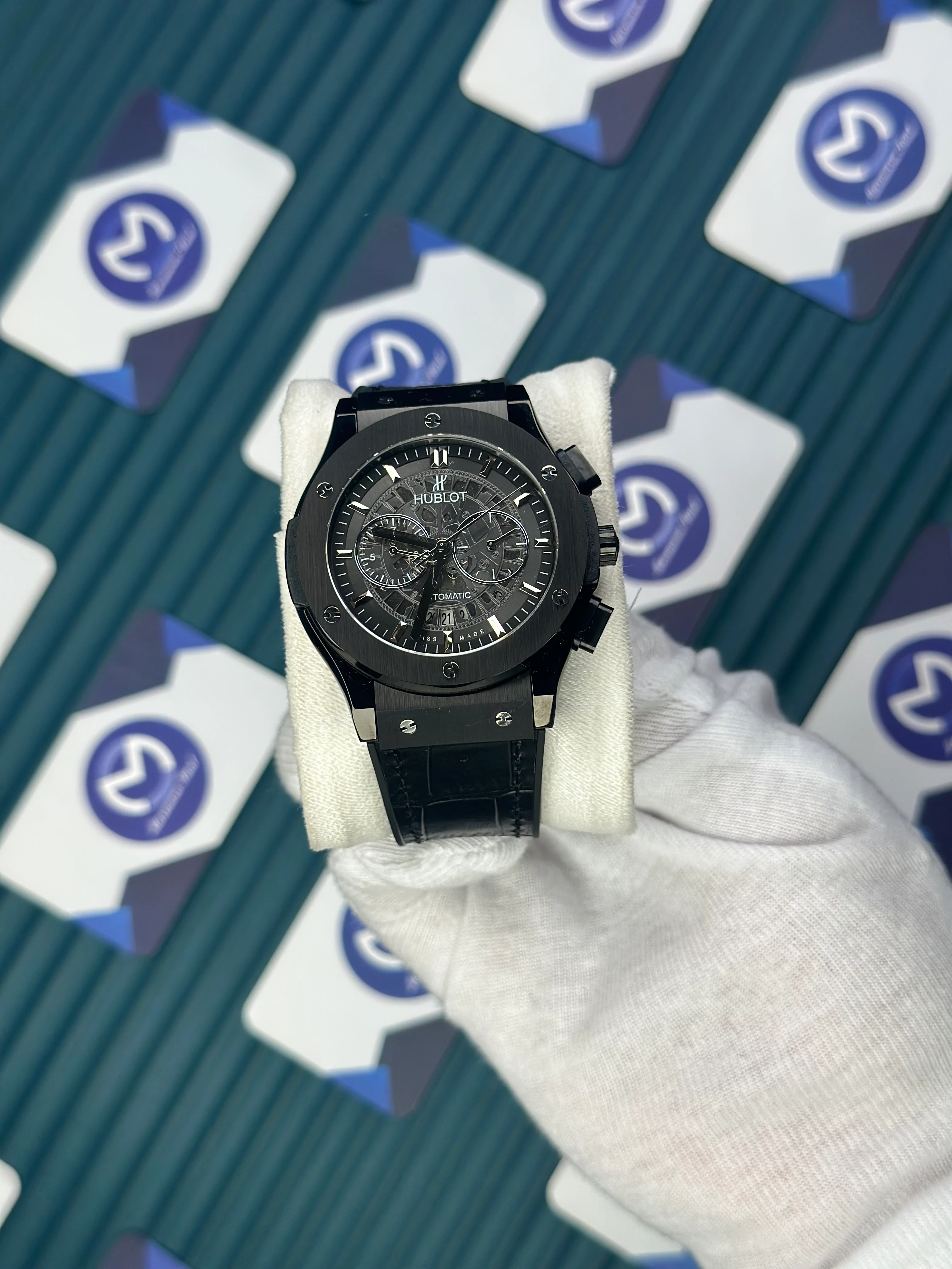 HUBLOT AUTOMATIC BLACK EDITION SILVER CASE SKELETON LEATHER BLACK CORD 