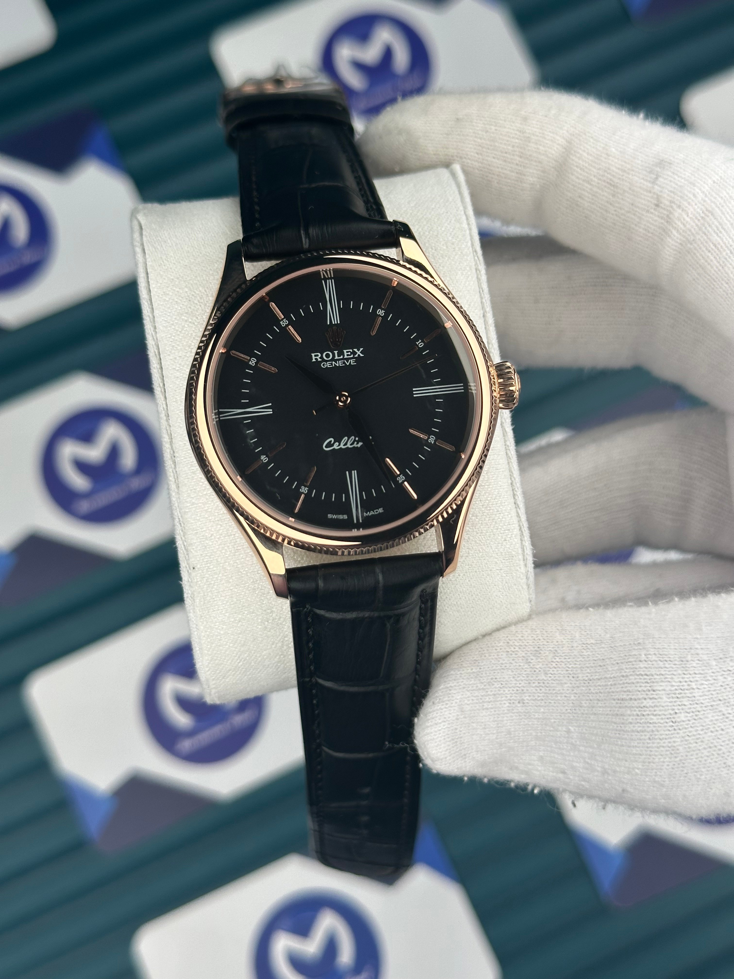 Rolex Cellini Rose Kasa Siyah Deri Kordon