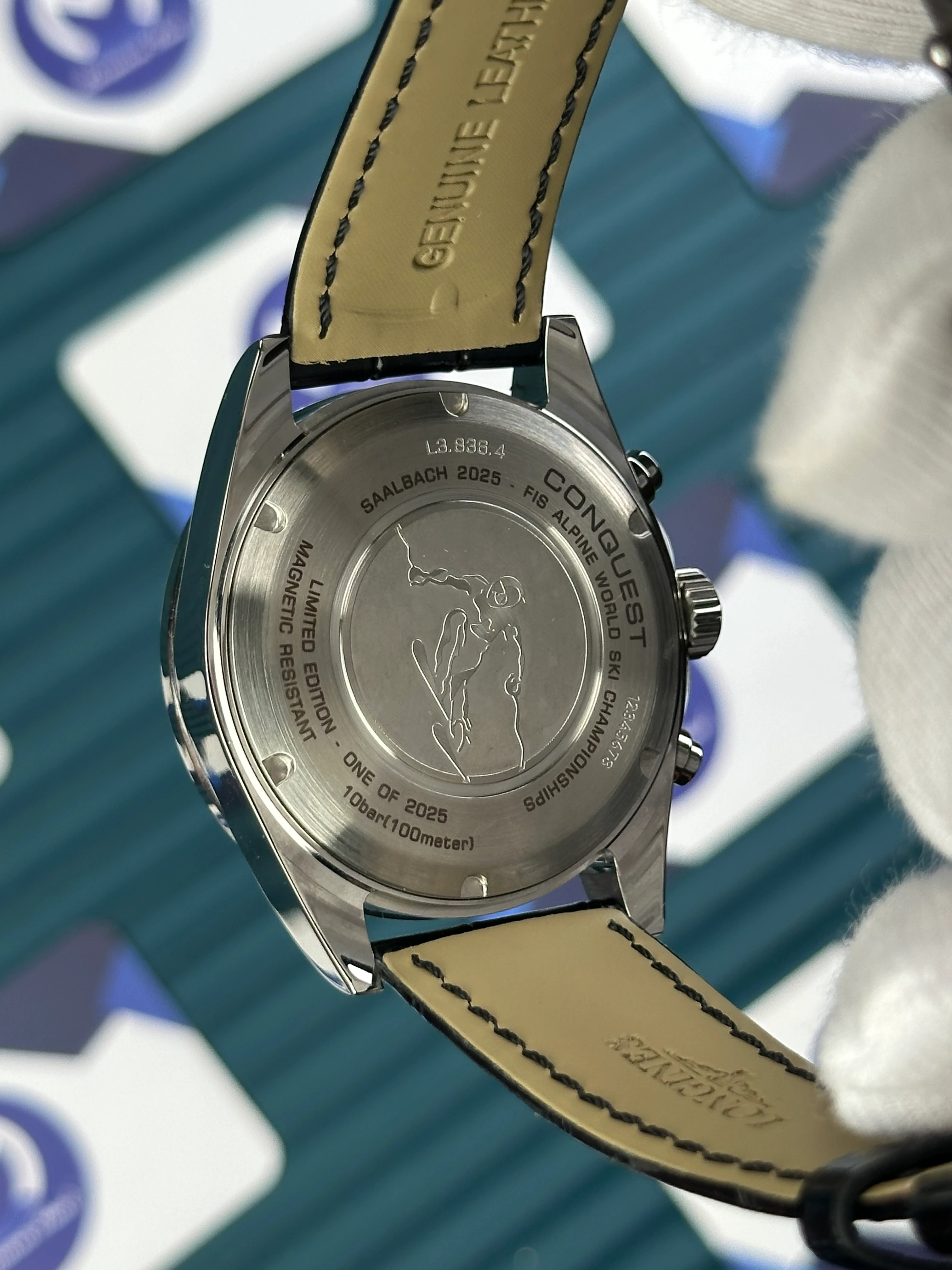 LONGINES CONQUEST AUTOMATIC LIMITED EDITION BLACK DIAL WHITE CHRONOGRAPH BLACK LEATHER 