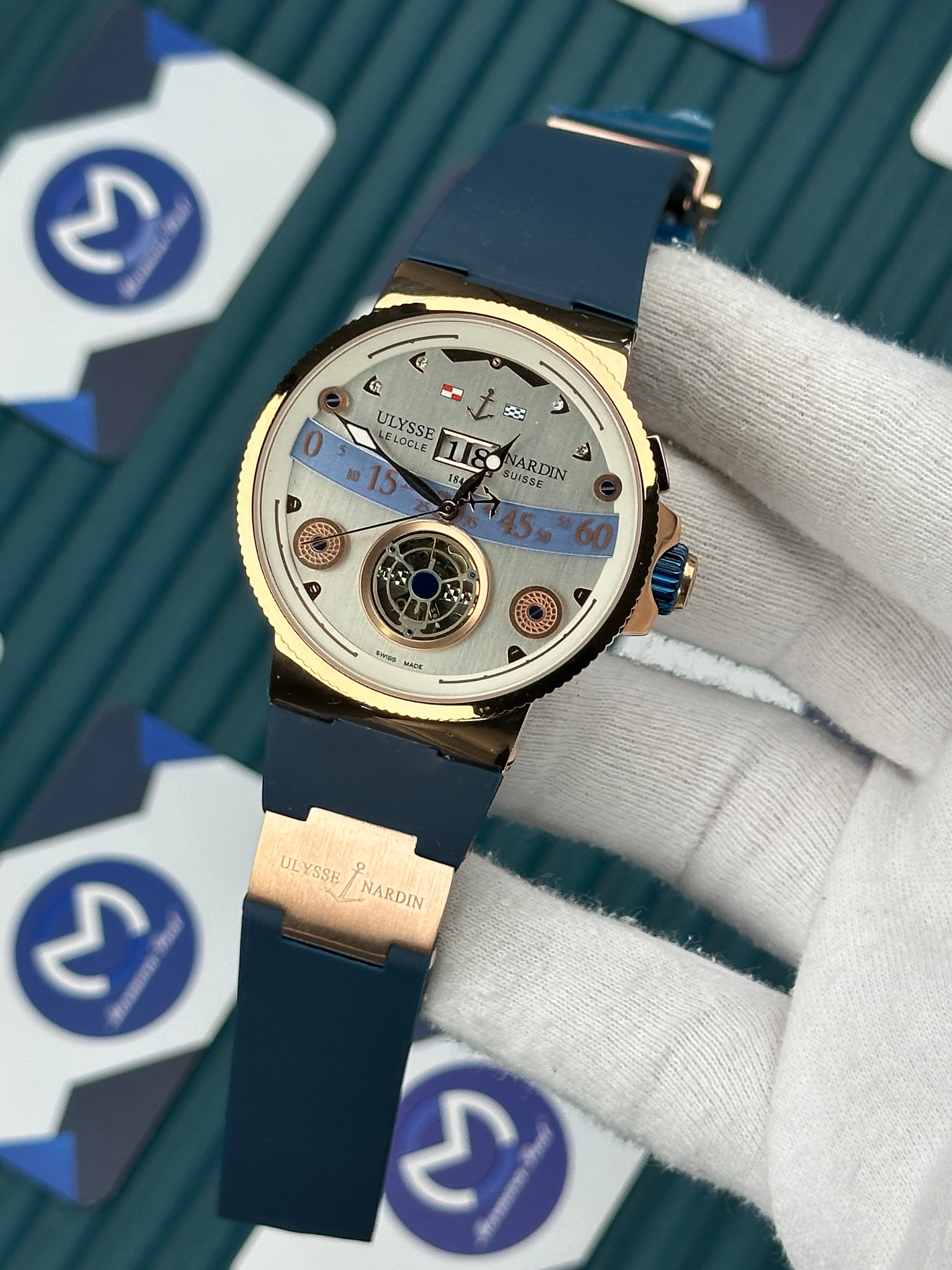 Ulysse Nardin Marine Blue Cord White Dial Rose Case Tourbillon