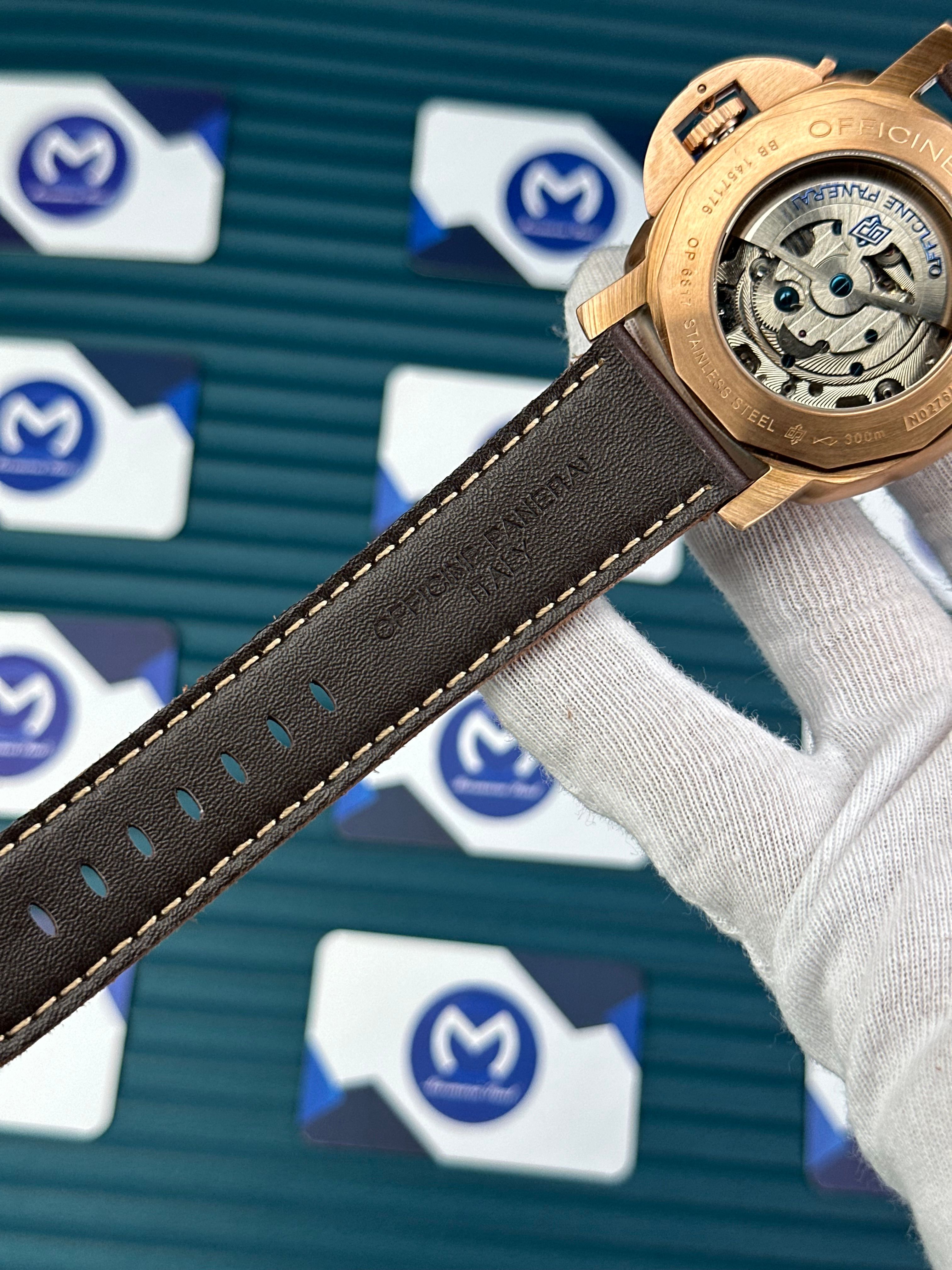 LUMINOR SUBMERSIBLE PANERAI BLUE DIAL ROSE CASE BROWN LEATHER CORD