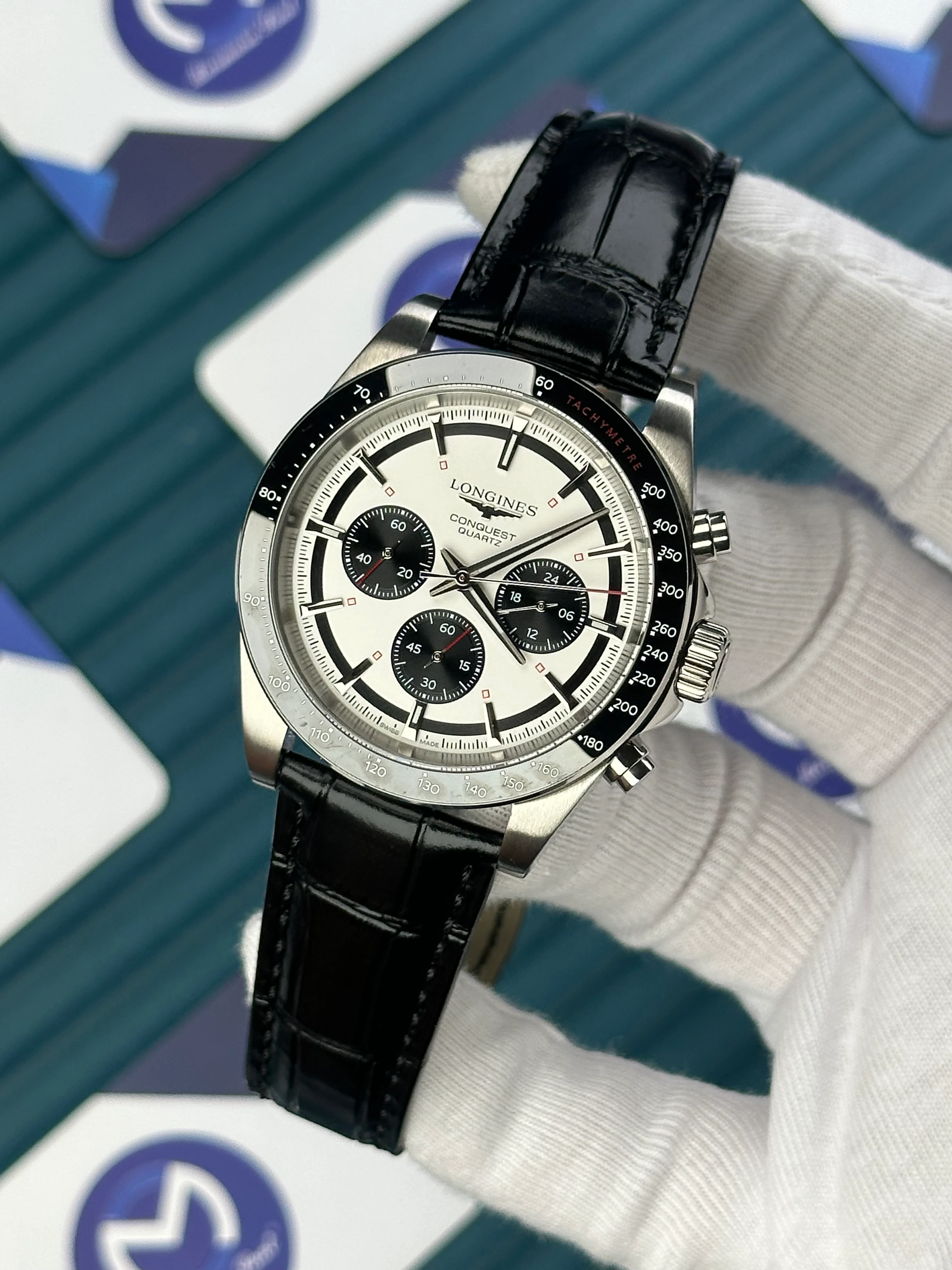 LONGINES CONQUEST AUTOMATIC WHITE DIAL BLACK CHRONOGRAPH BLACK LEATHER 