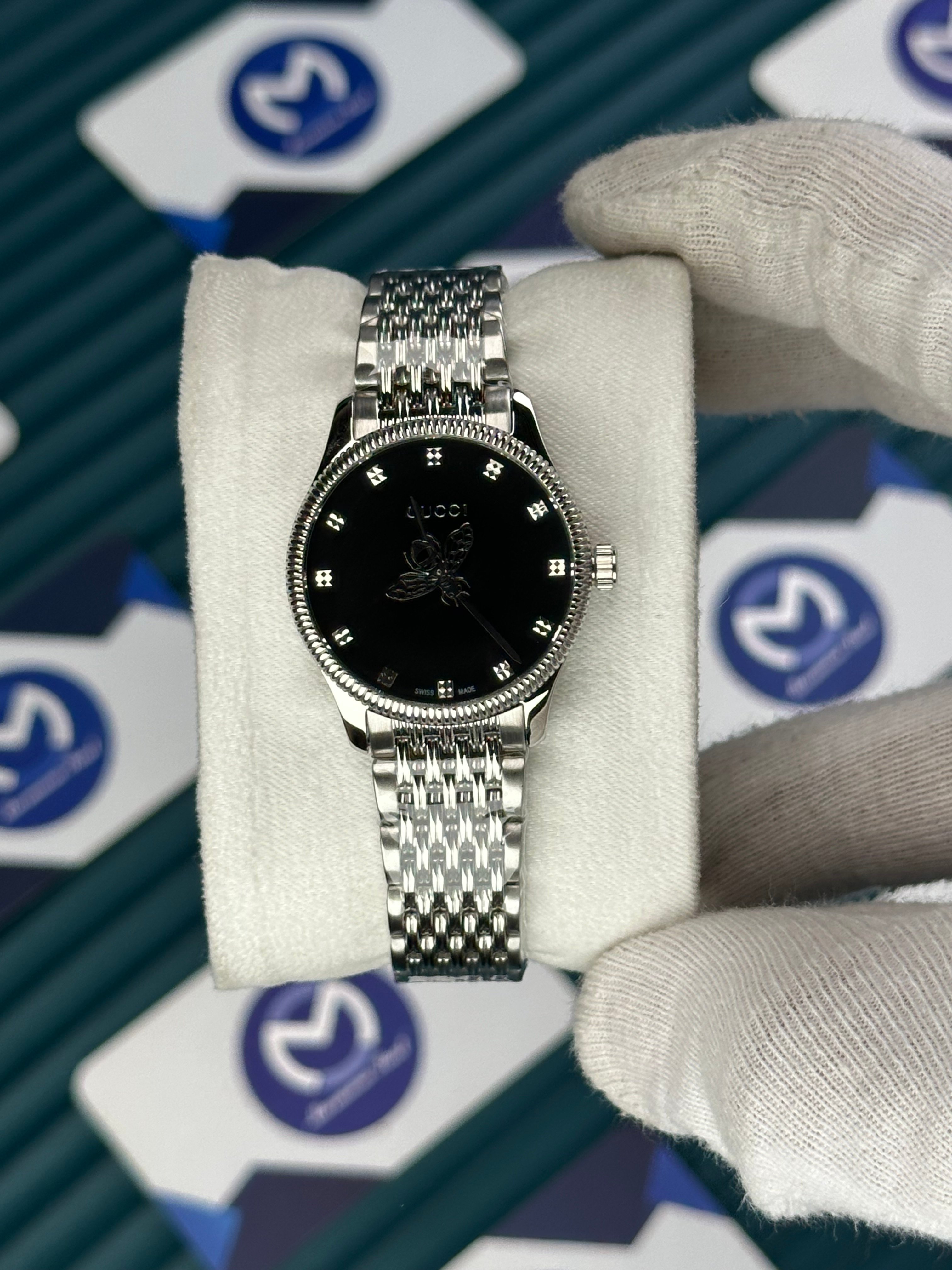 GUCCI BLACK DIAL SPINNING BUTTERFLY SILVER