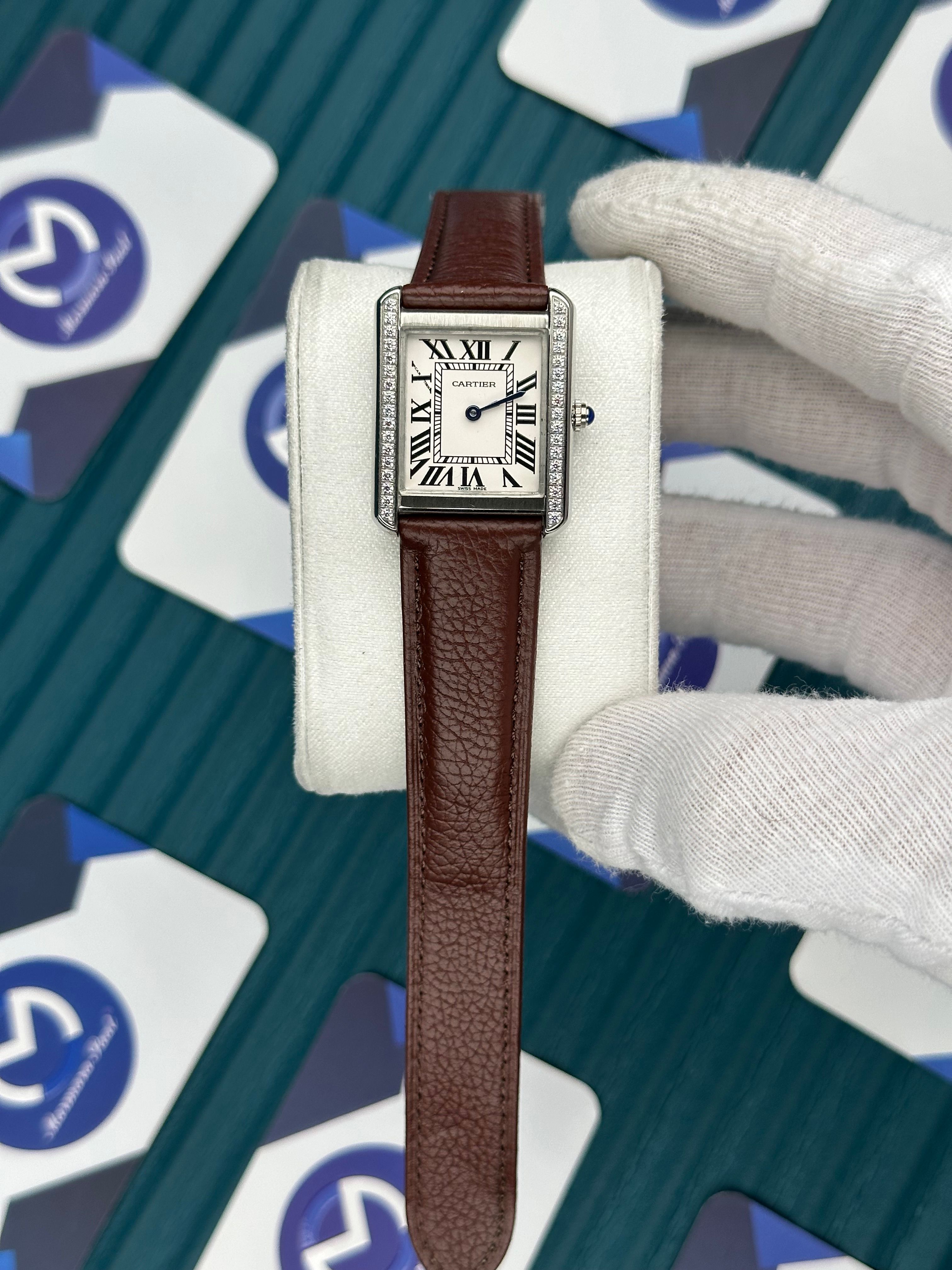 CARTIER WOMAN TANK WHITE DIAL SILVER DIAMOND BEZEL BROWN LEATHER