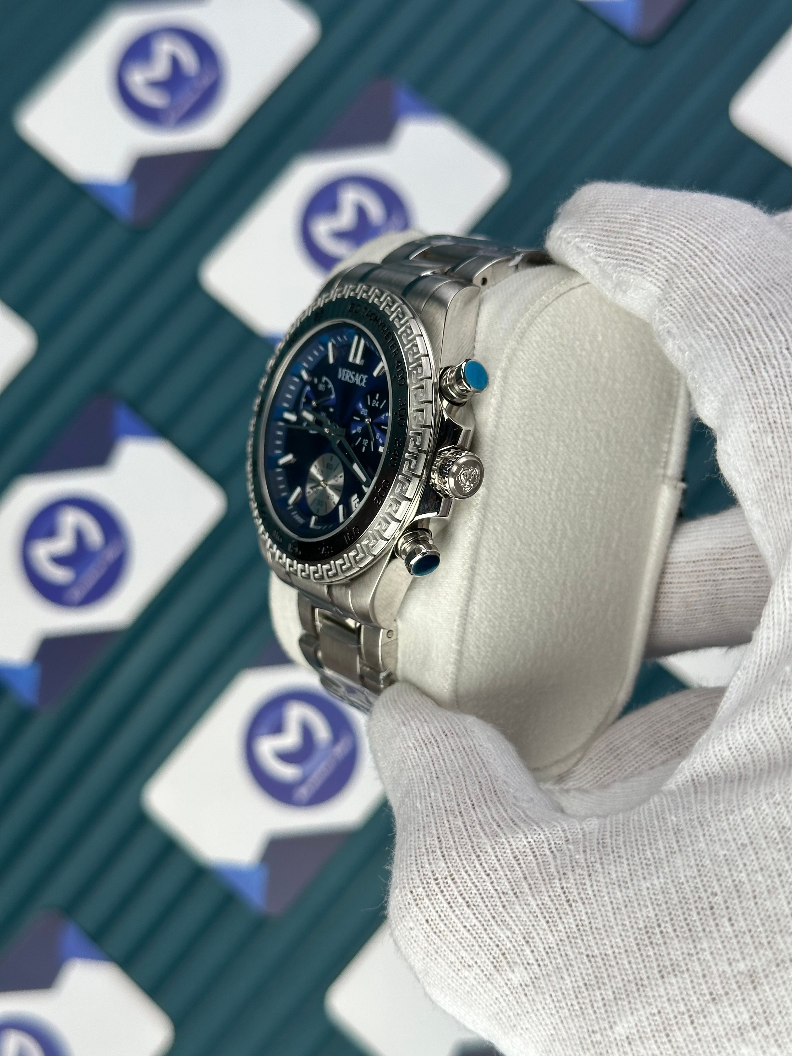 VERSACE BLUE DIAL CHRONOMOMETER SILVER BEZEL AND CORD NEW SEASON