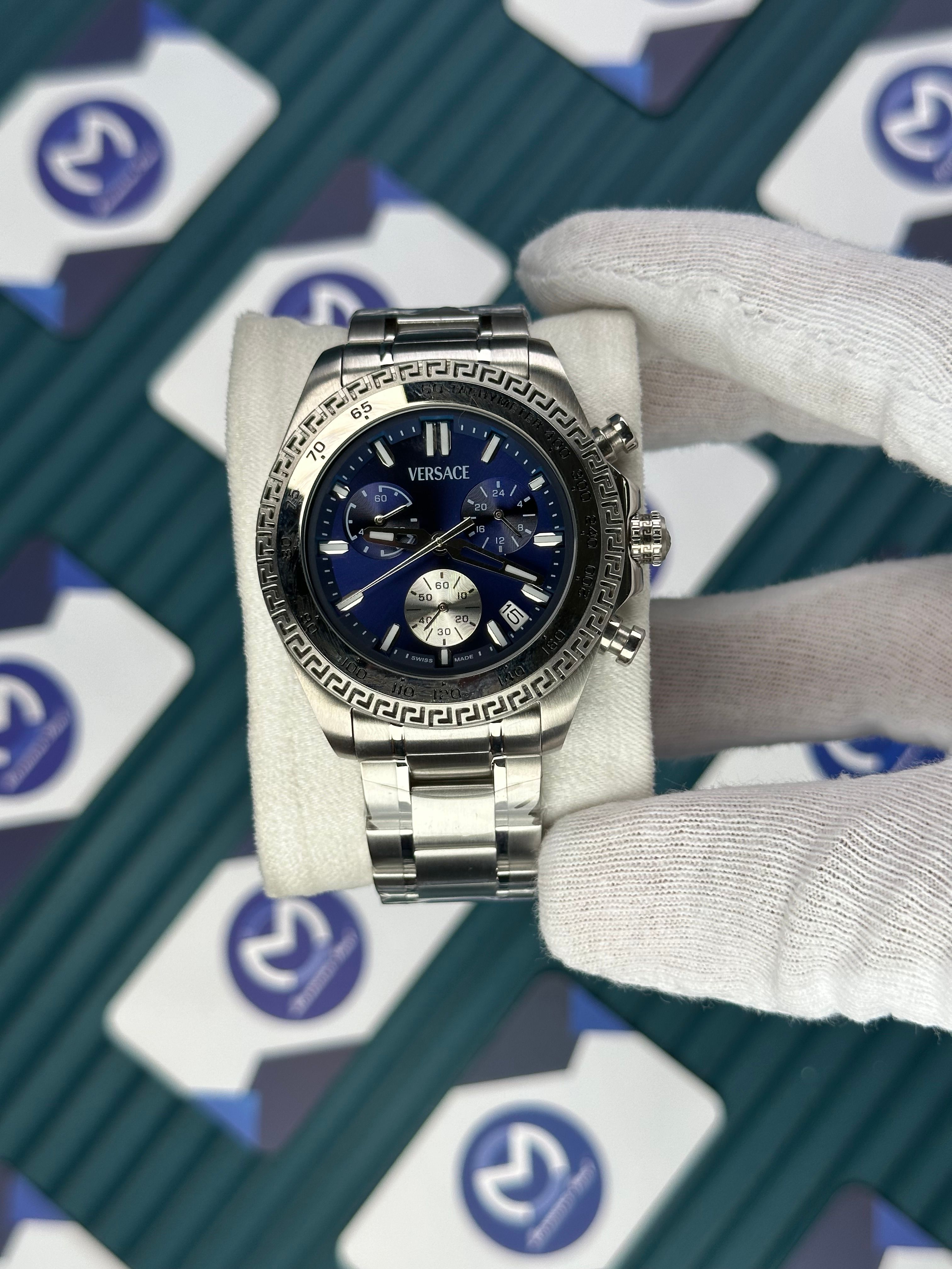 VERSACE BLUE DIAL CHRONOMOMETER SILVER BEZEL AND CORD NEW SEASON