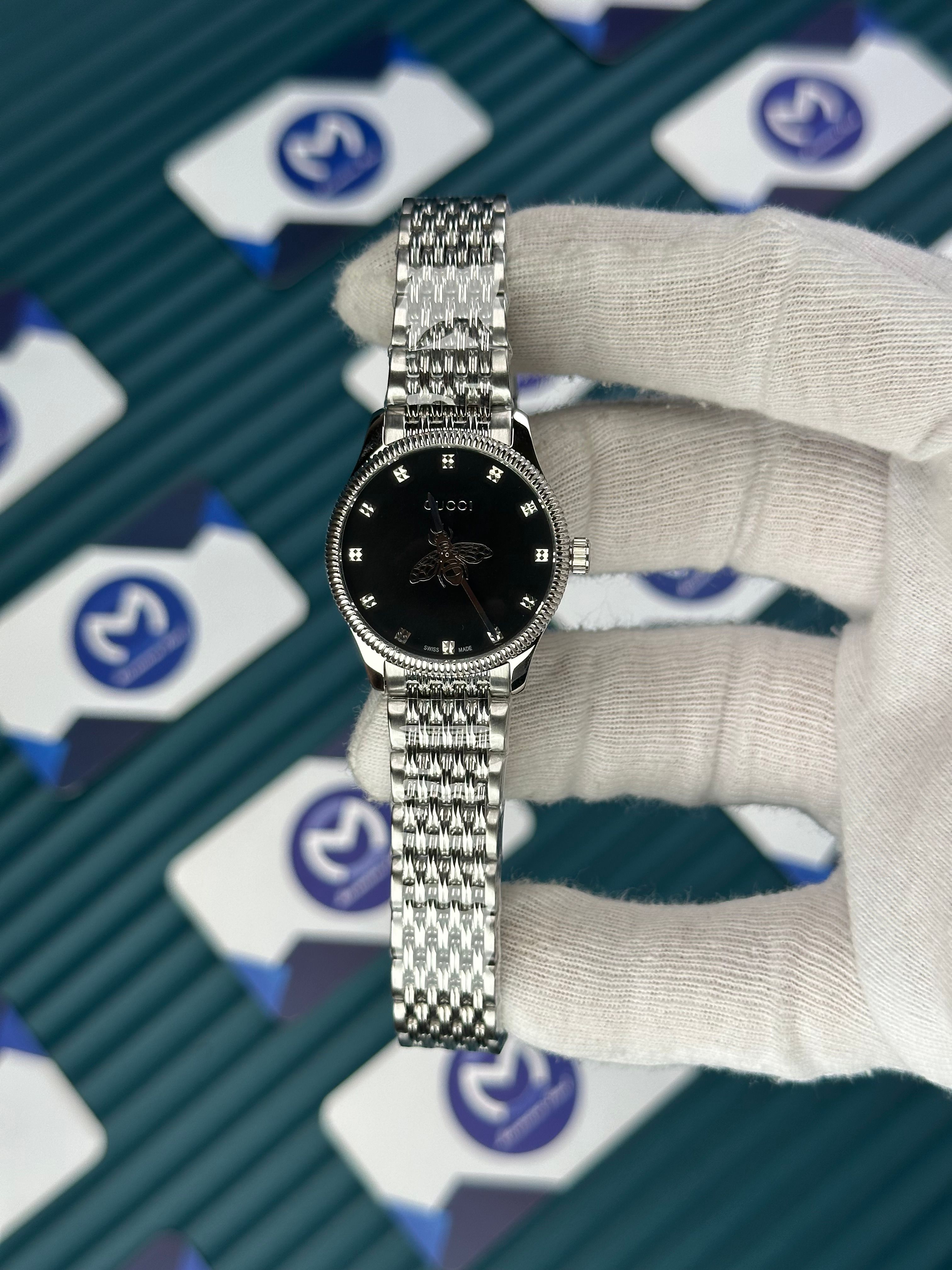 GUCCI BLACK DIAL SPINNING BUTTERFLY SILVER