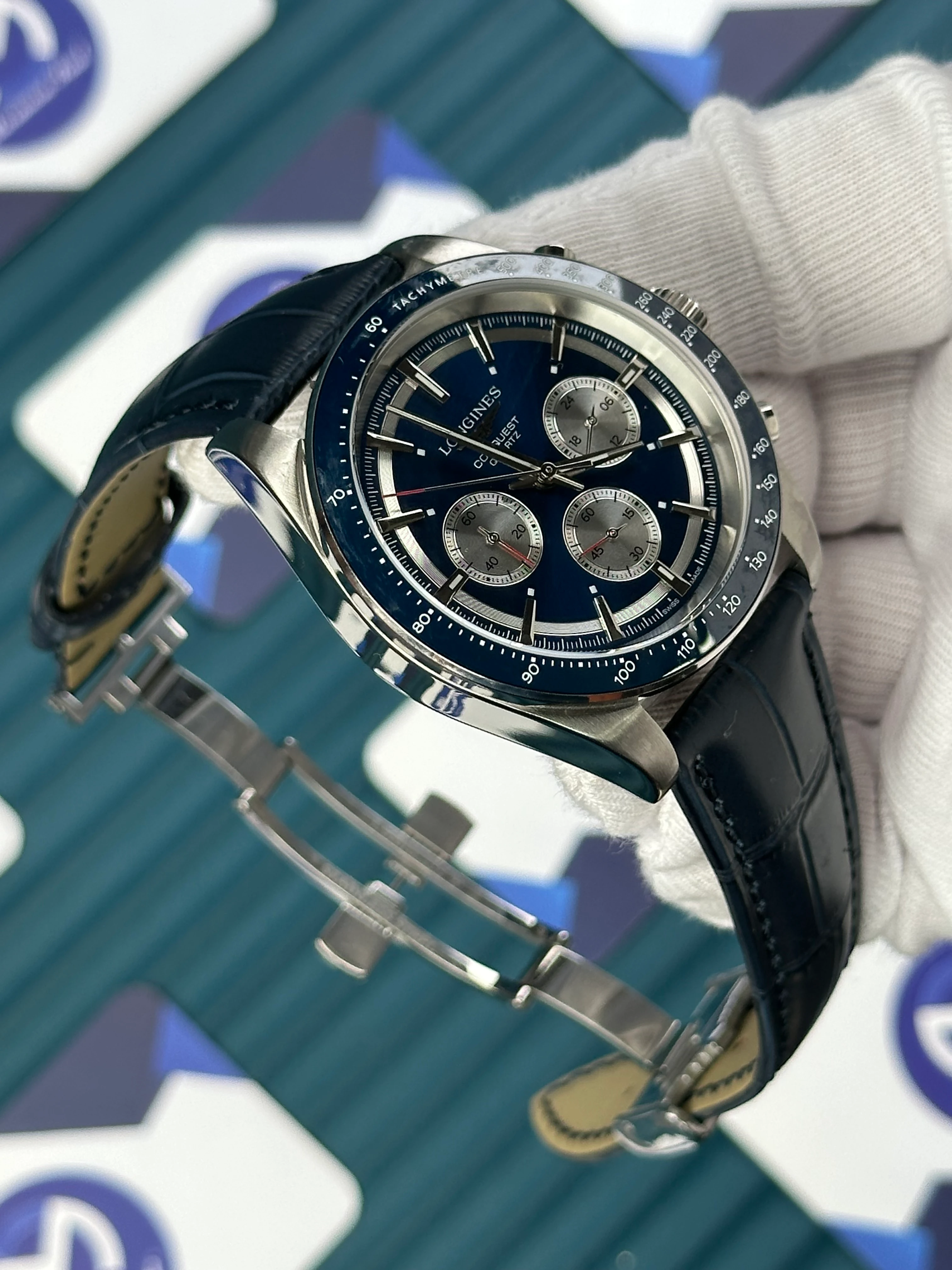 LONGINES CONQUEST CHRONOGRAPH AUTOMATIC BLUE DIAL BLUE LEATHER 