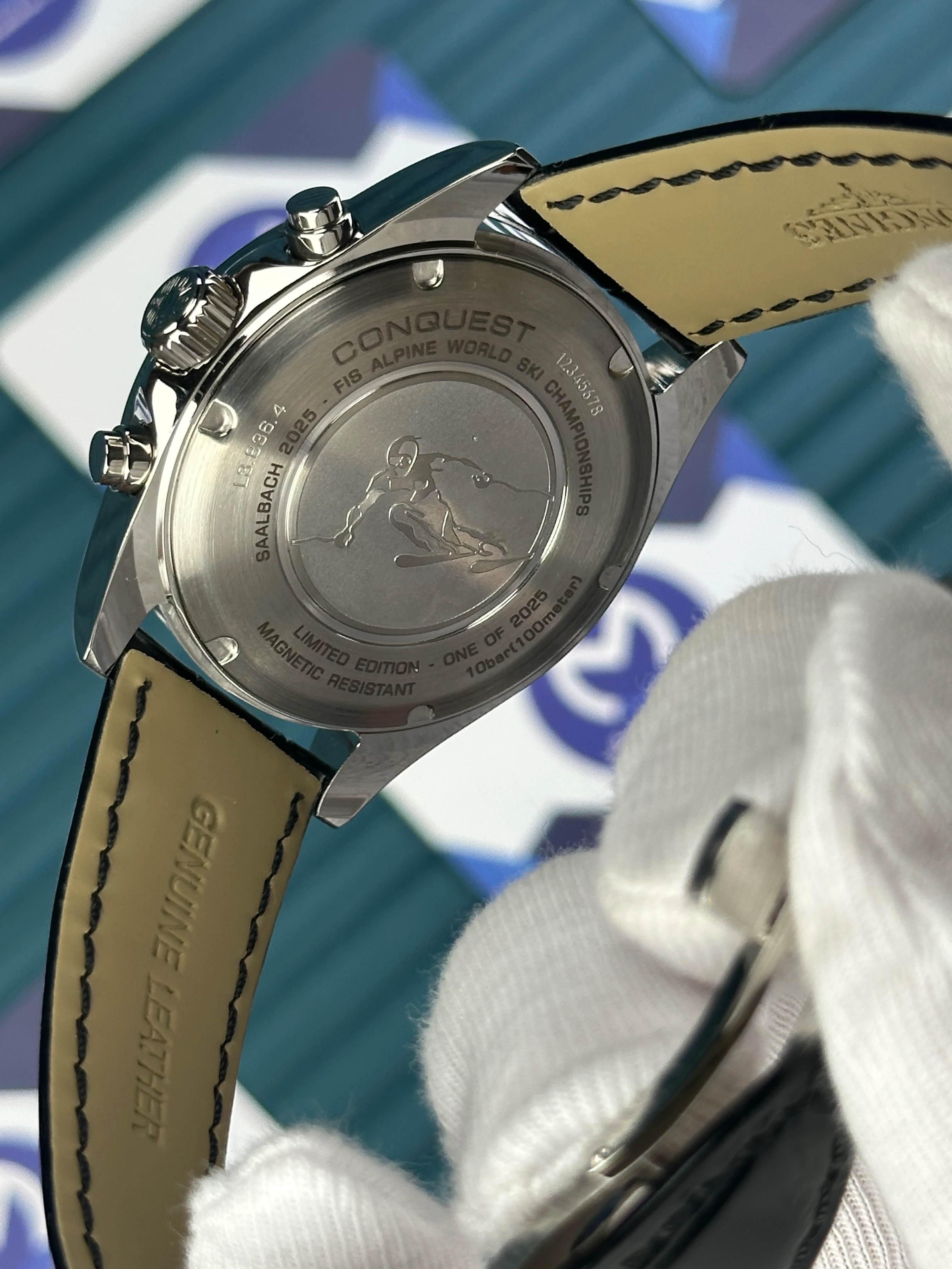 LONGINES CONQUEST CHRONOGRAPH AUTOMATIC GOLD REFLECTED DAYLIGHT DIAL BLACK LEATHER 