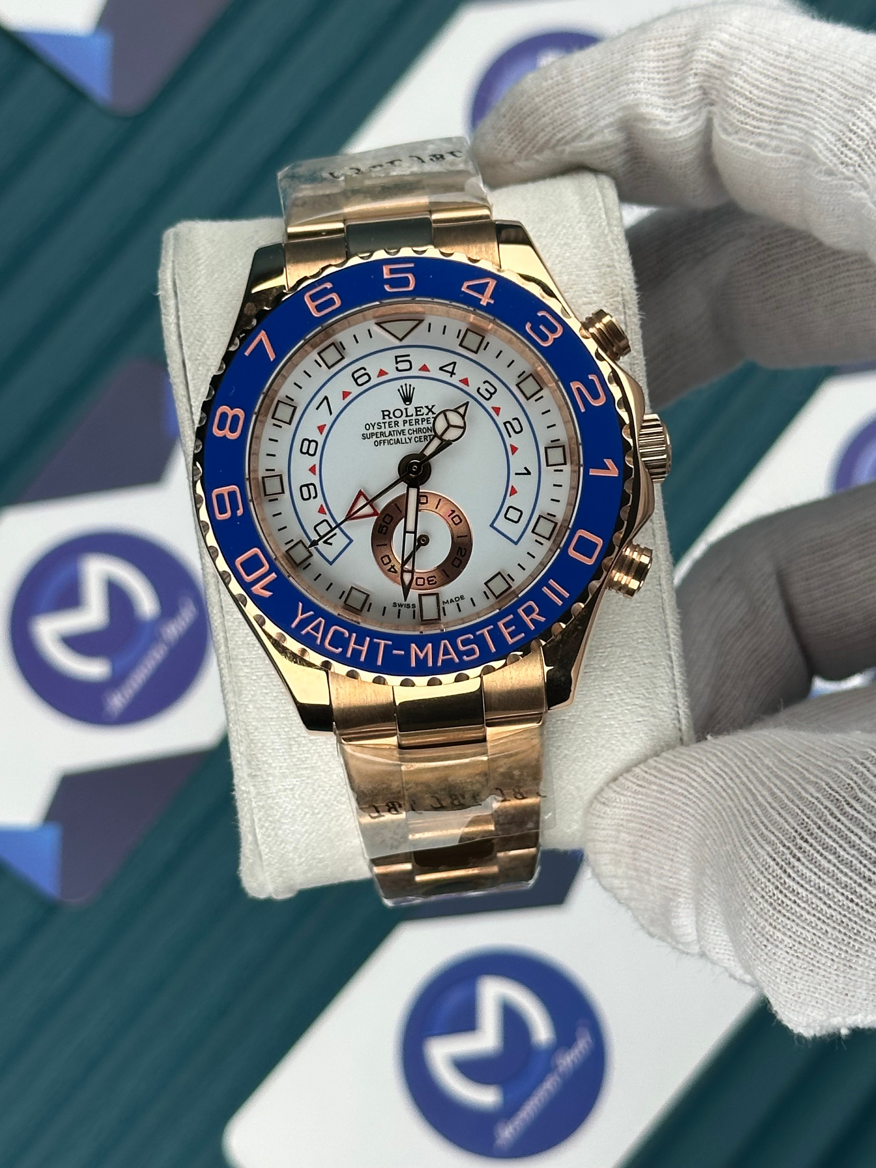 ROLEX YACHT-MASTER WHITE BLUE DIAL ROSE OYSTER 