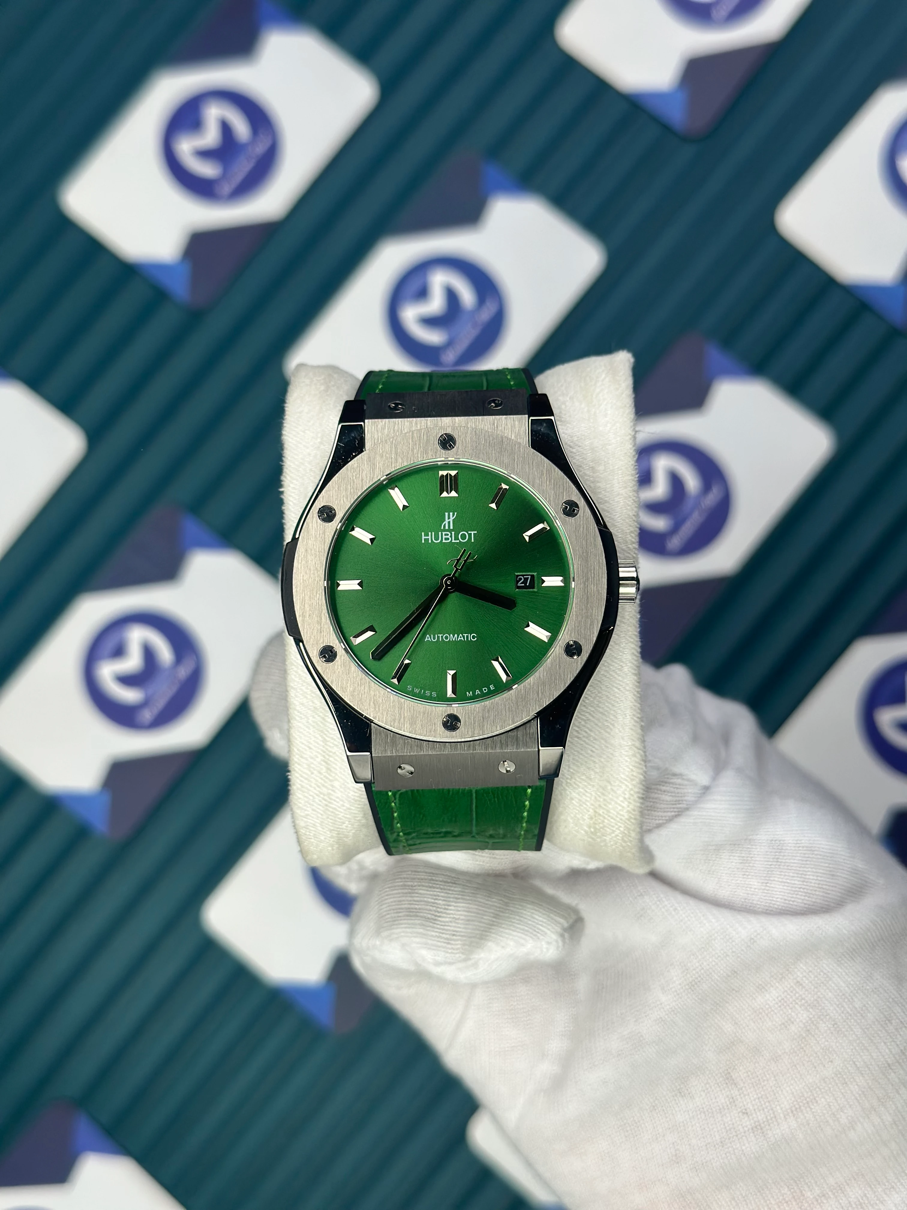 HUBLOT GENEVE AUTOMATIC GREEN DIAL GREY CASE GREEN LEATHER CORD 