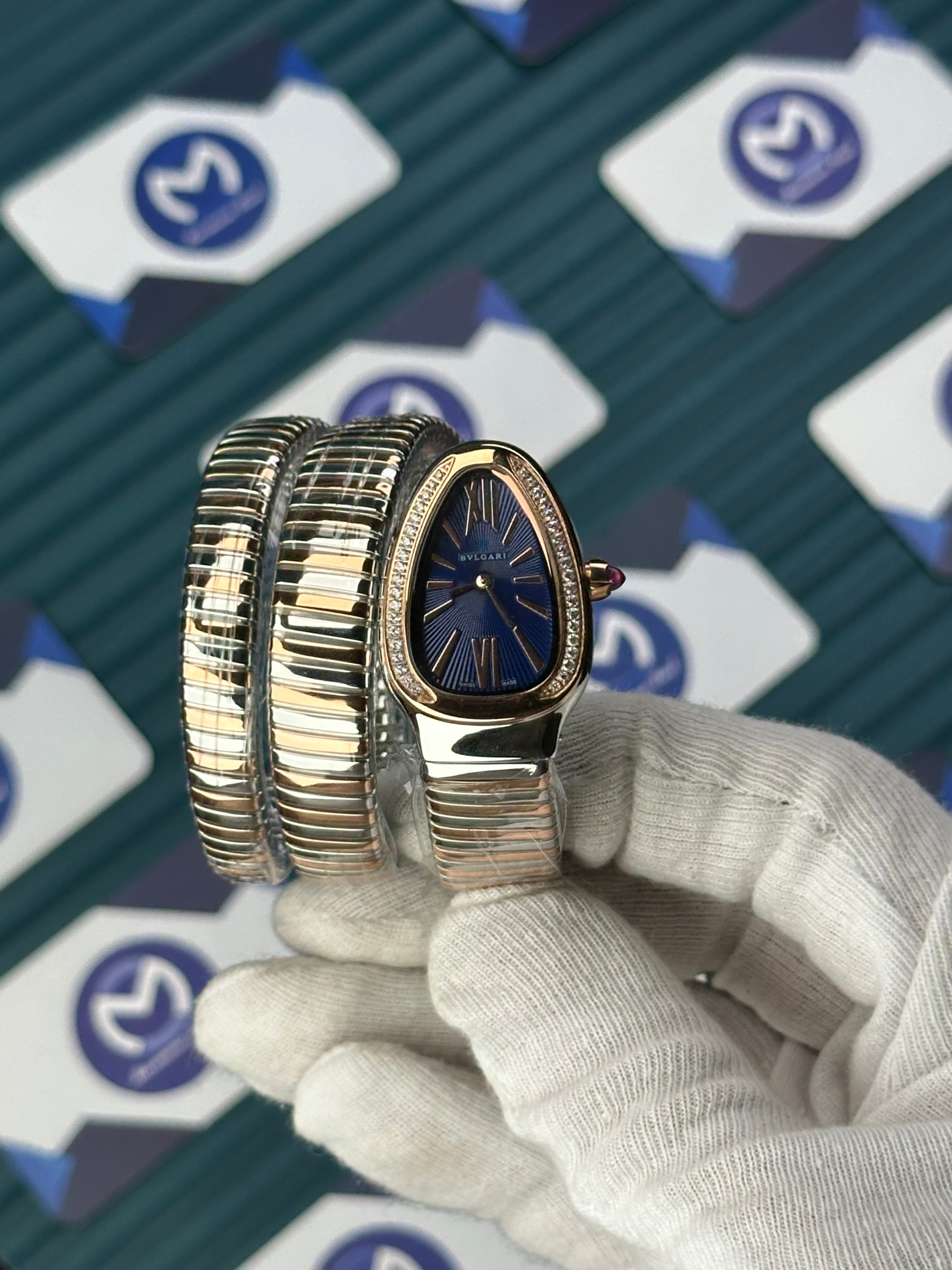 BVLGARI SERPENTI BLUE DIAL DIAMOND BEZEL ROSE-SILVER LONG TUBOGAS