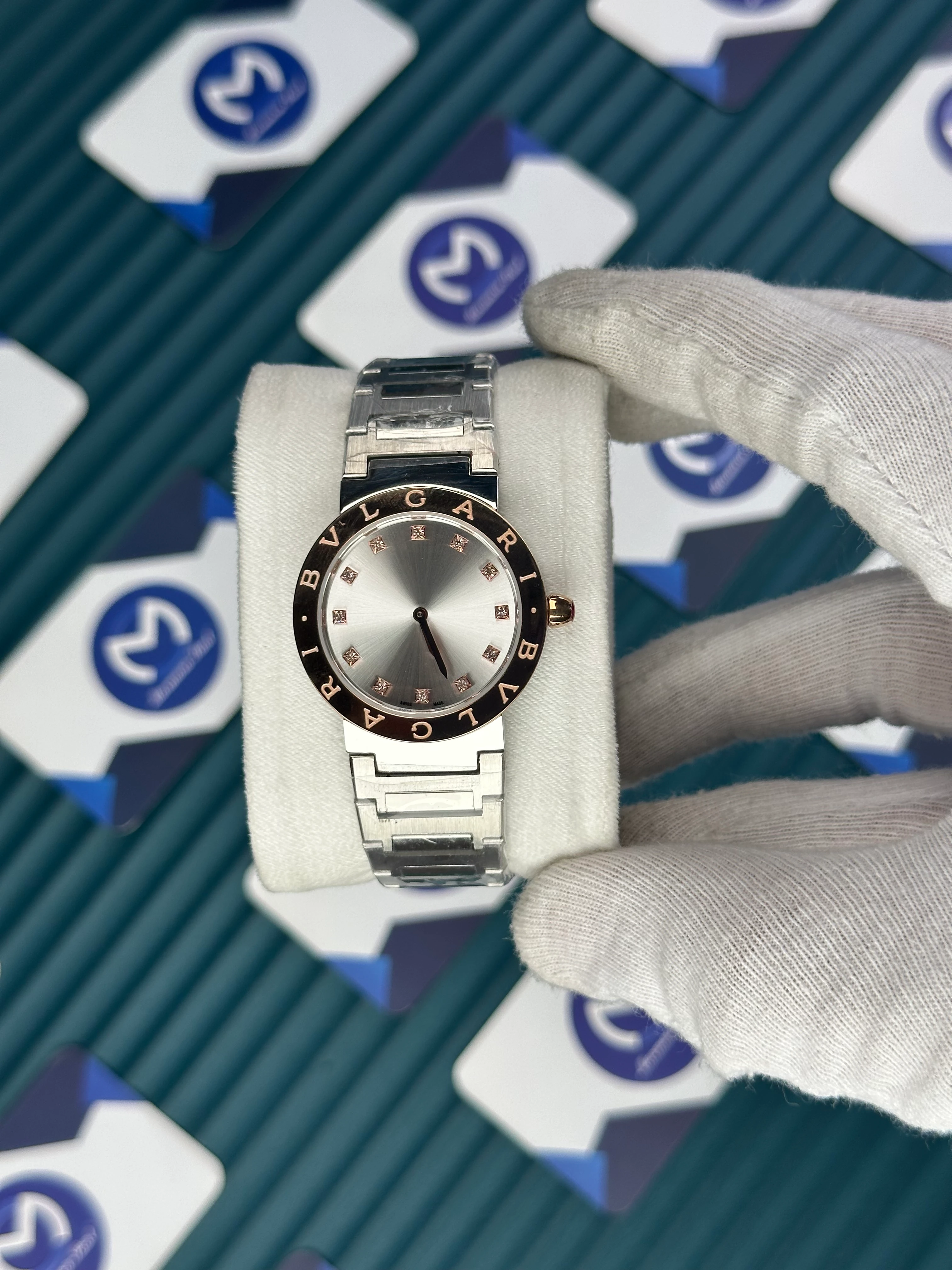 BVLGARI WHITE DIAL GOLD BEZEL DIAMOND INDEX SILVER CORD