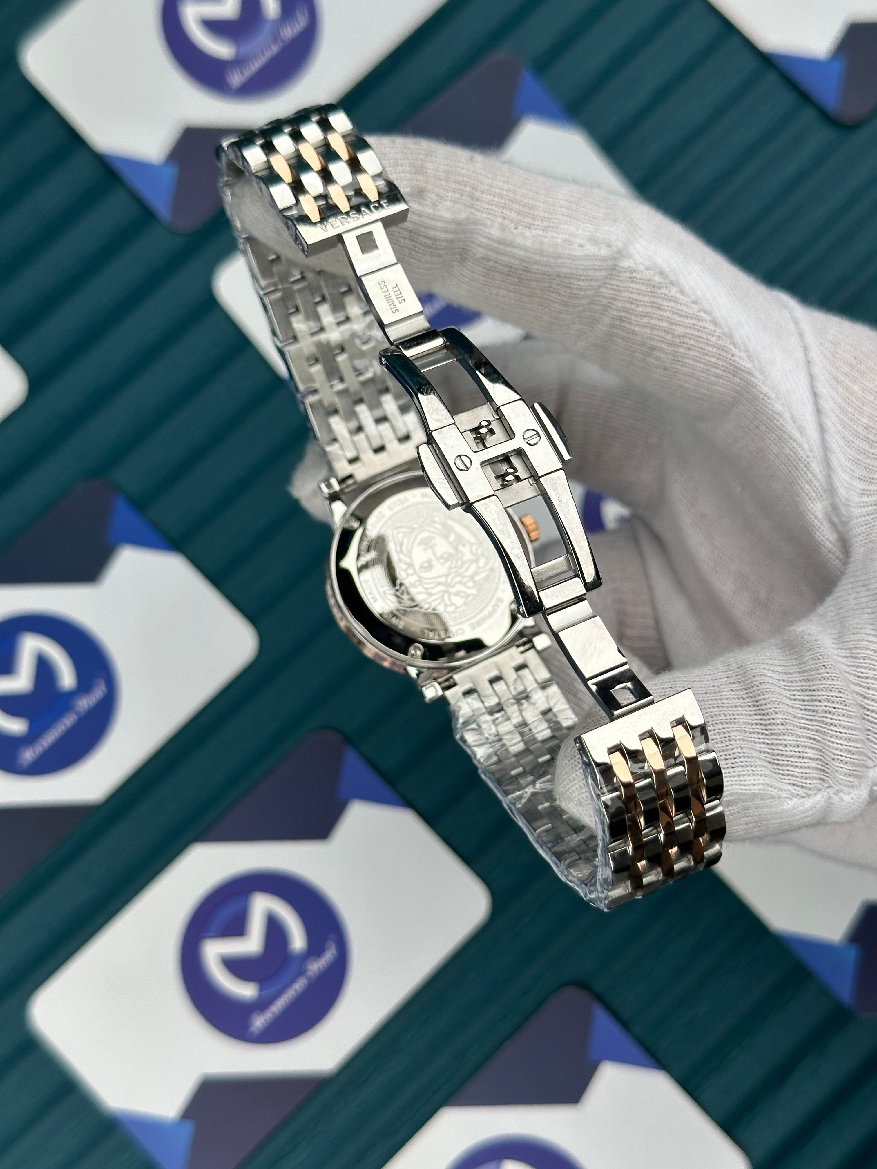 VERSACE DESENLİ AYNALI BEZEL SİYAH KADRAN ROSE SILVER KORDON