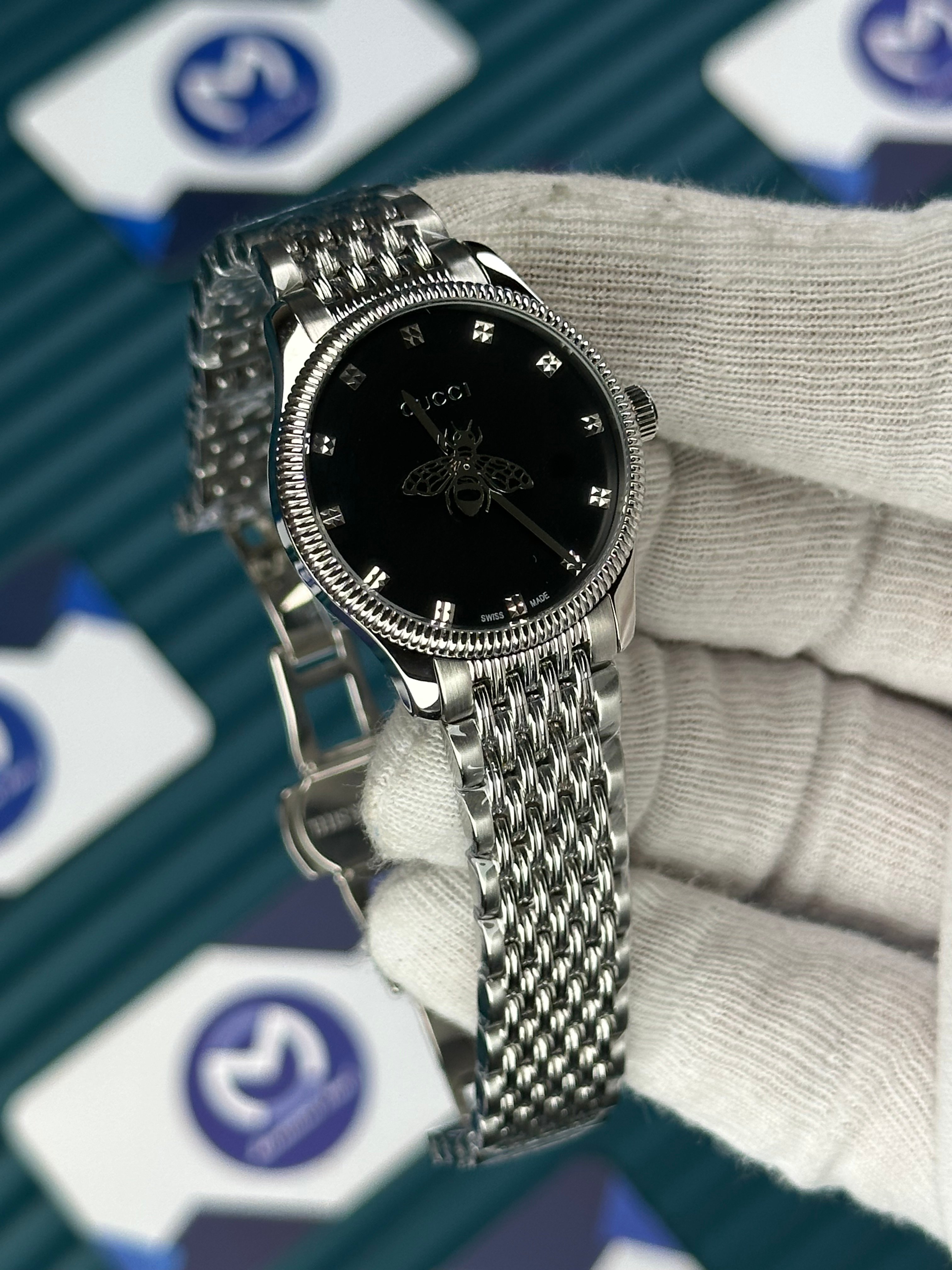 GUCCI BLACK DIAL SPINNING BUTTERFLY SILVER